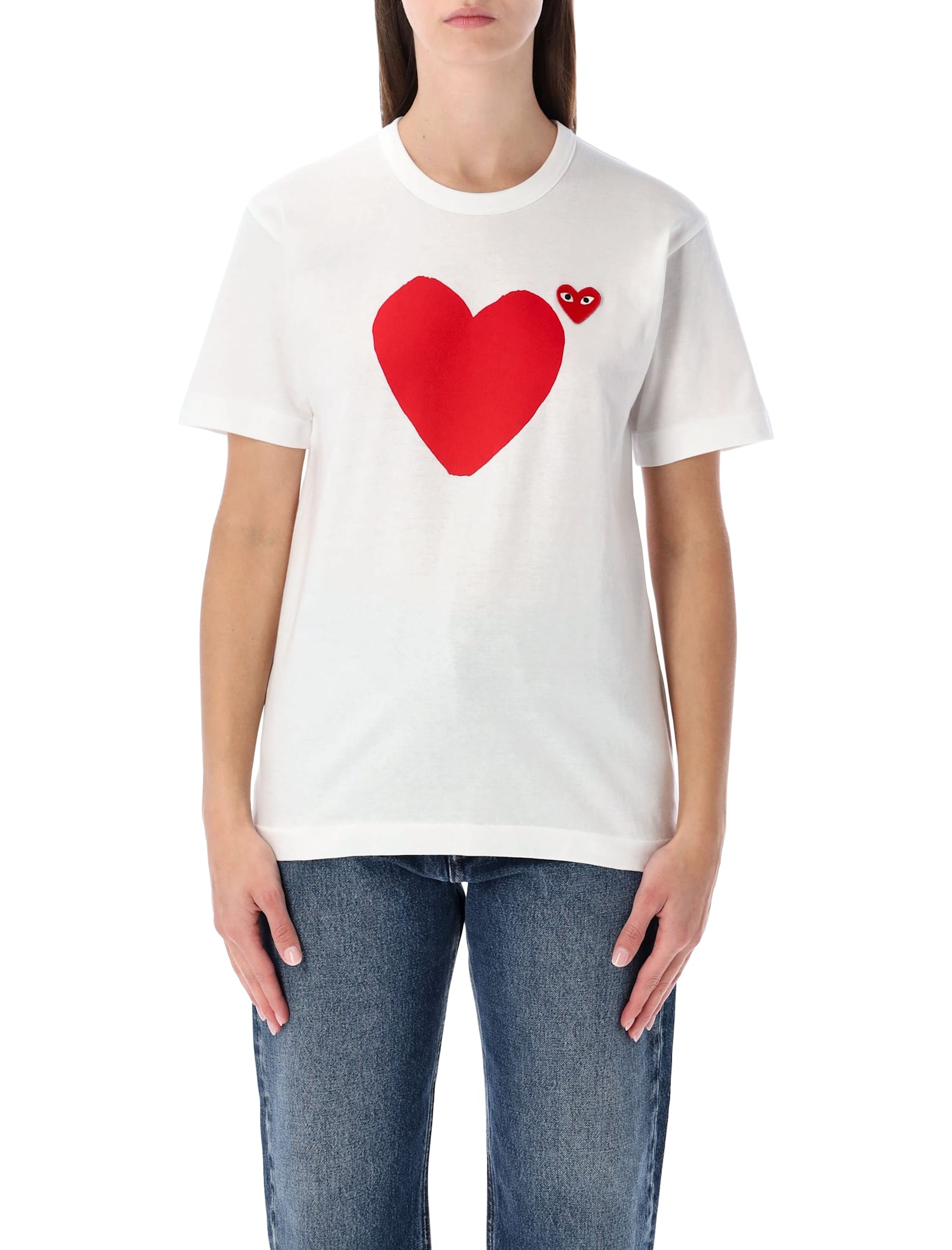Comme Des Garçons Play White Cotton T-shirt With Double Heart In White