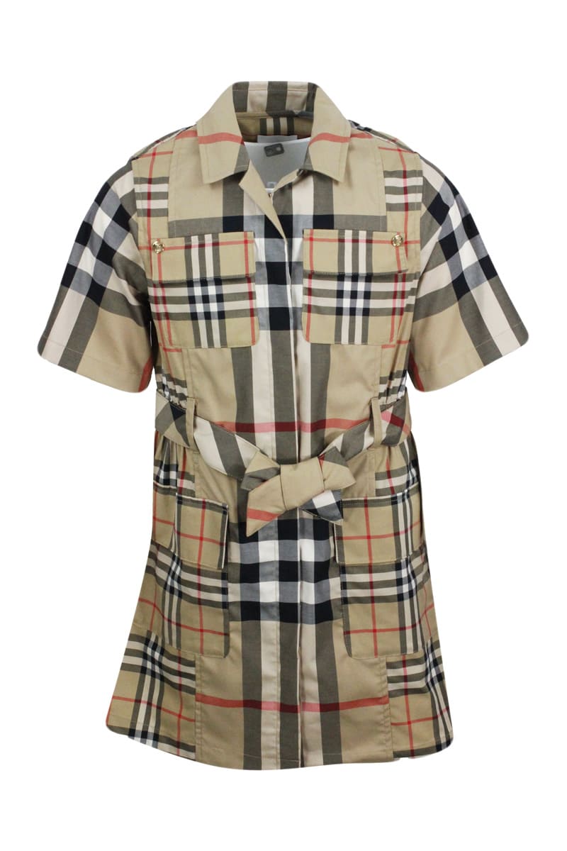 Shop Burberry Short-sleeved Cotton Dress With Tartan Check Pattern And Button Closure On The Front In Beige