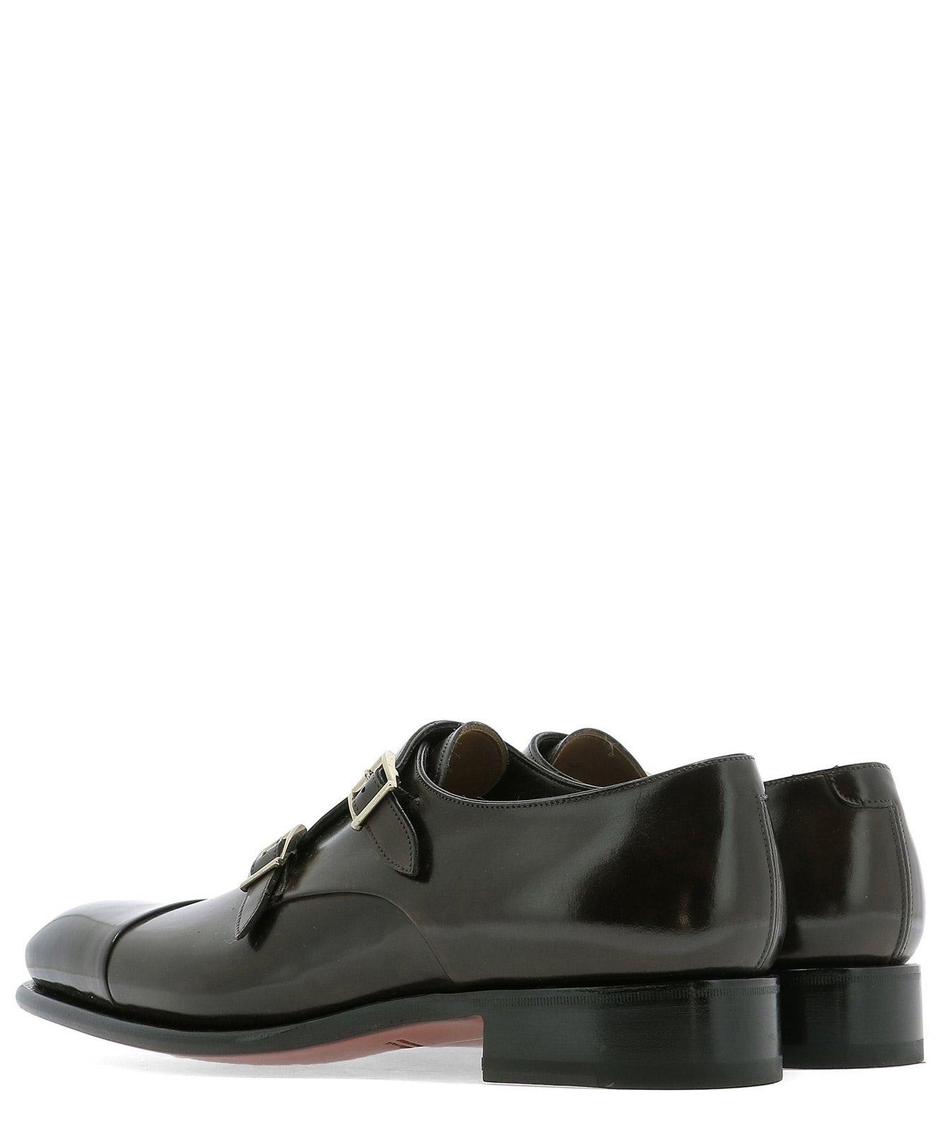 Shop Santoni Buckle Detailed Slip-on Monk Shoes In Brown