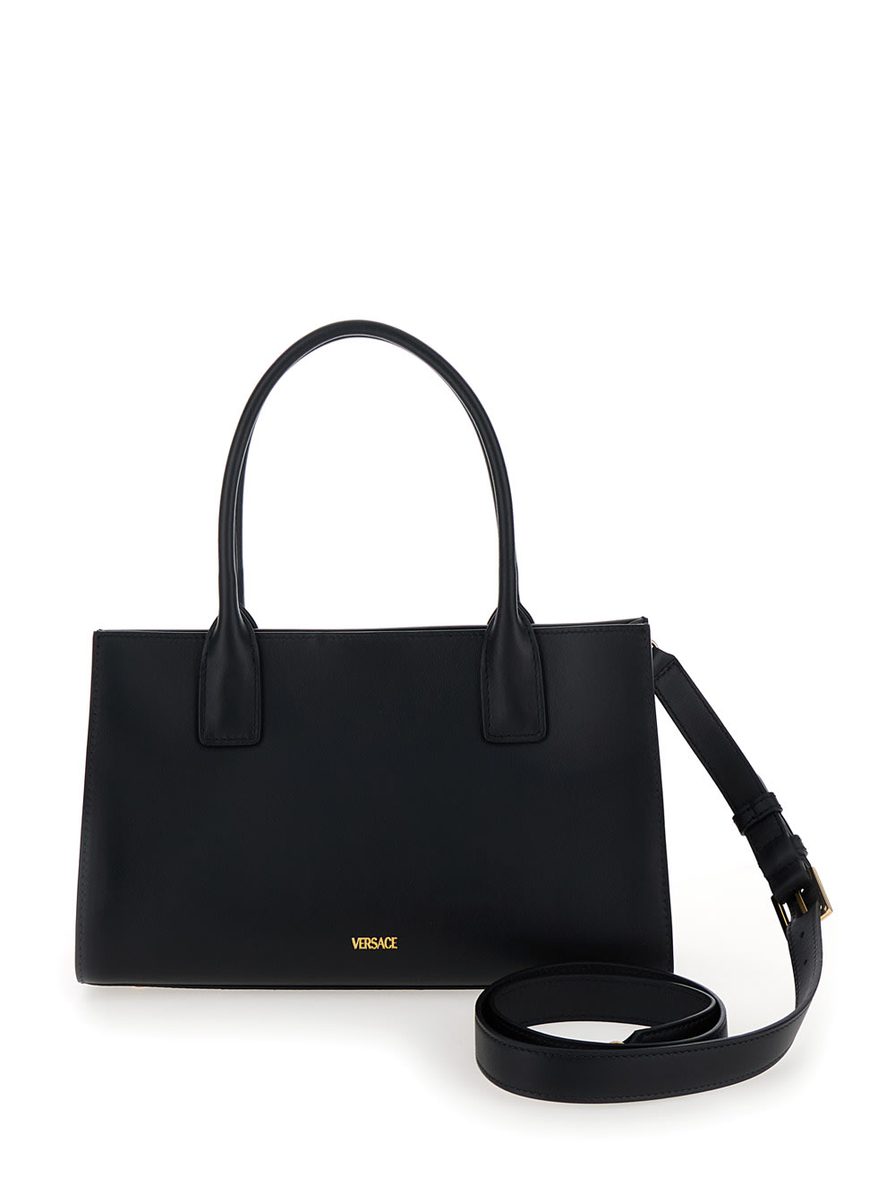 Shop Versace Medusa 95 Black Tote Bag With Logo Detail In Smooth Leather Woman