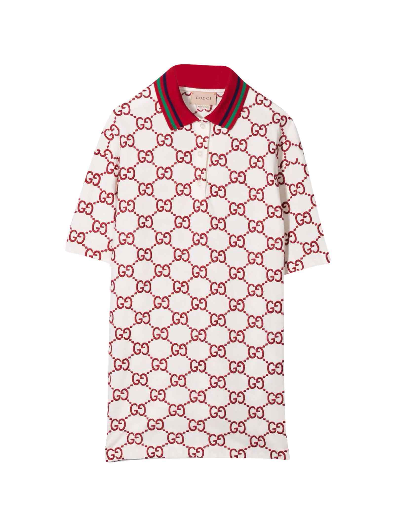 Gucci White And Red Dress With Logo, Short Sleeve, Straight Hem And Classic Collar