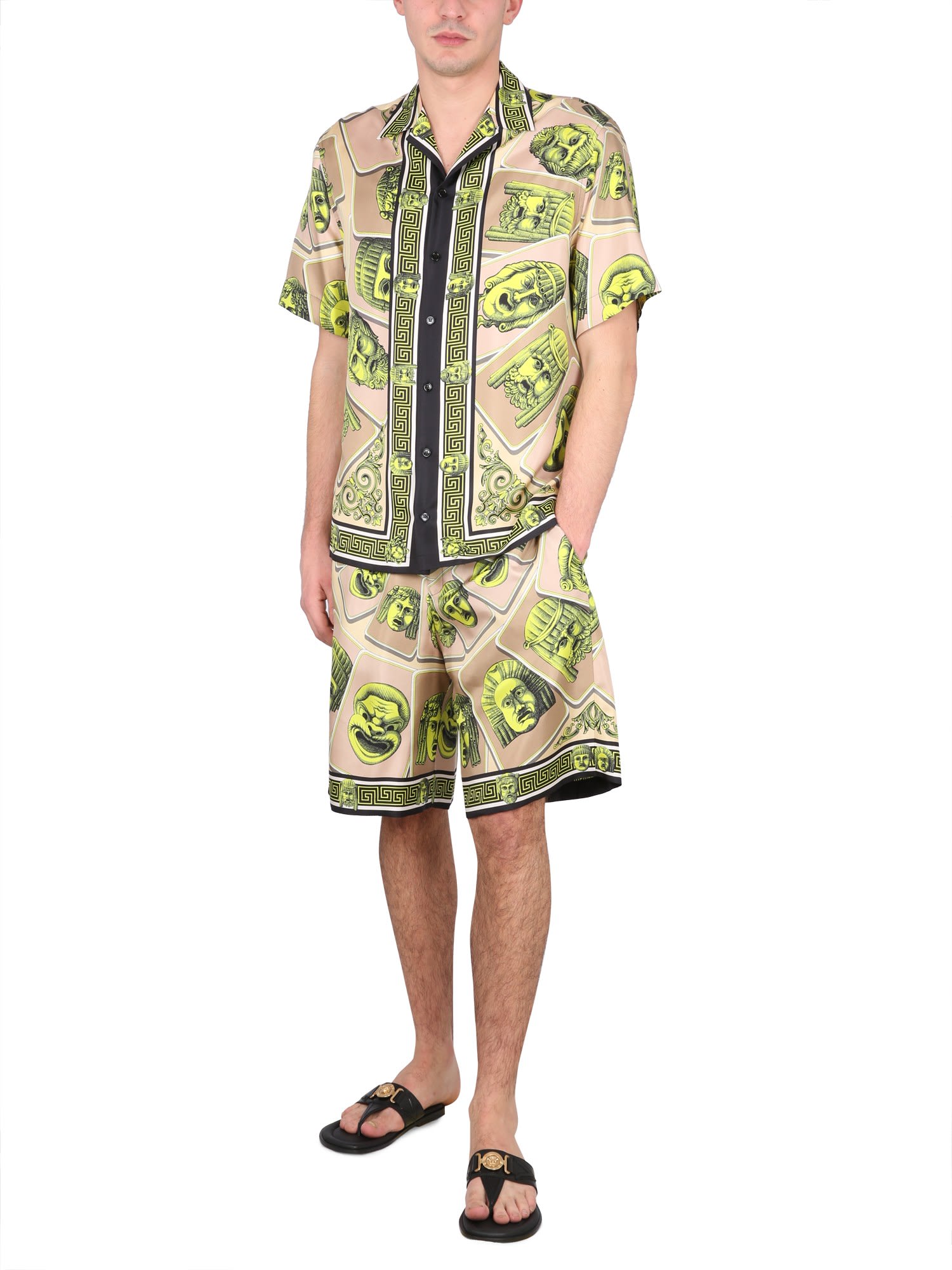 Versace Twill Silk Shorts Masks Print Detail In Acid Green Moonstruck