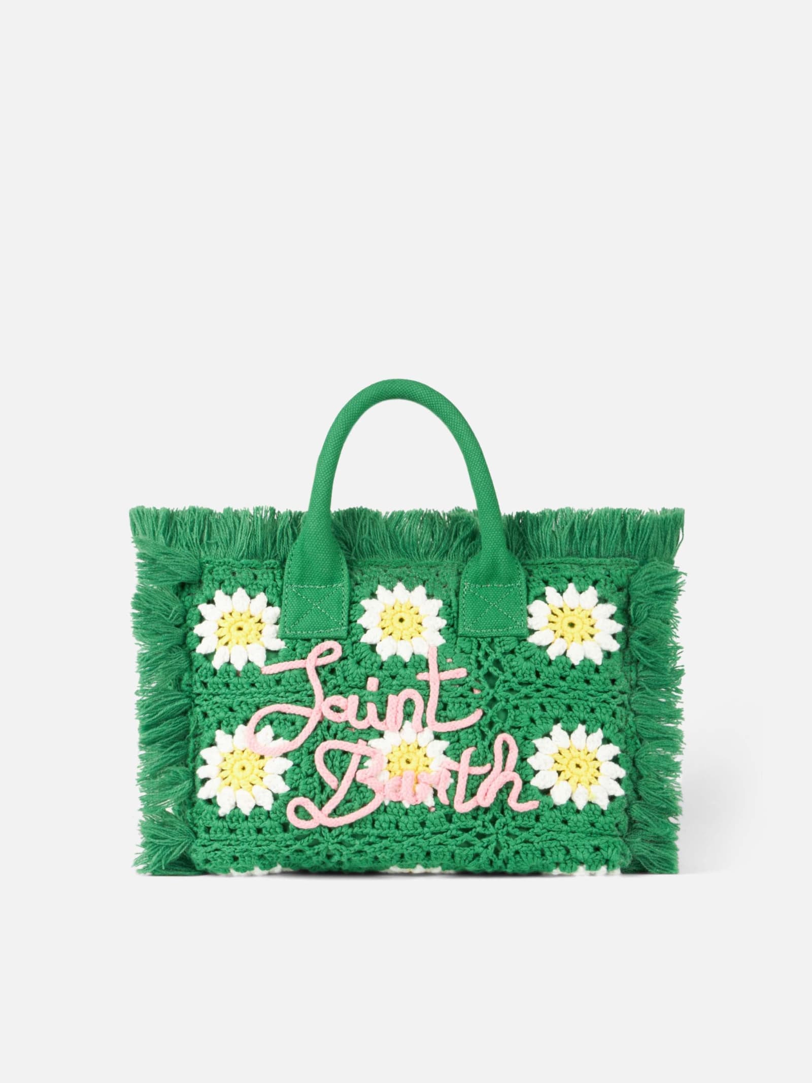 Mc2 Saint Barth Flower Patches Crochet Bag With Fringes In Green