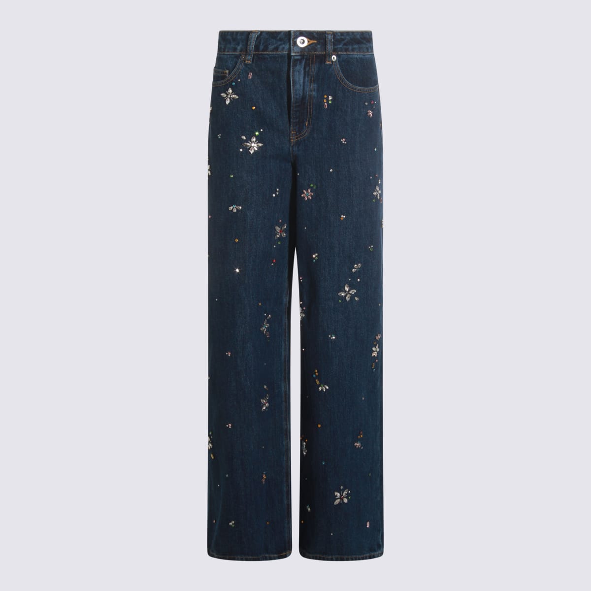 Self-portrait Wide-leg Denim Jeans With Floral Embellishments In Blue
