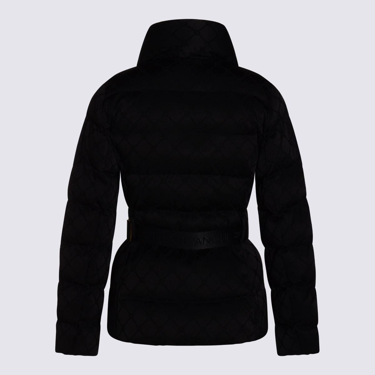 Elisabetta Franchi Jacquard Sail Fabric Down Jacket With Belt Clothing In Black
