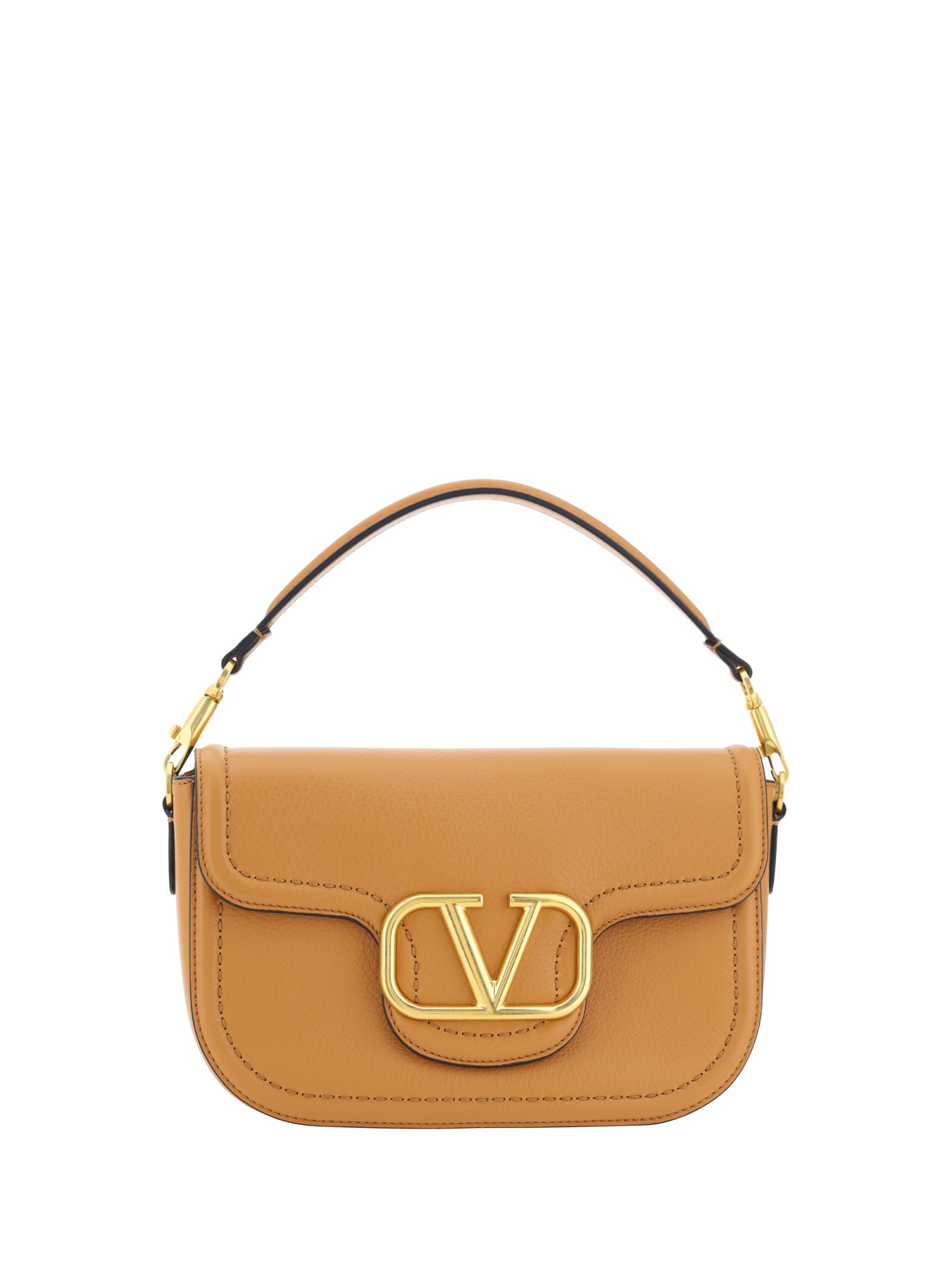 Valentino Garavani Almond Beige Calf Leather Alltime Shoulder Bag In Brown