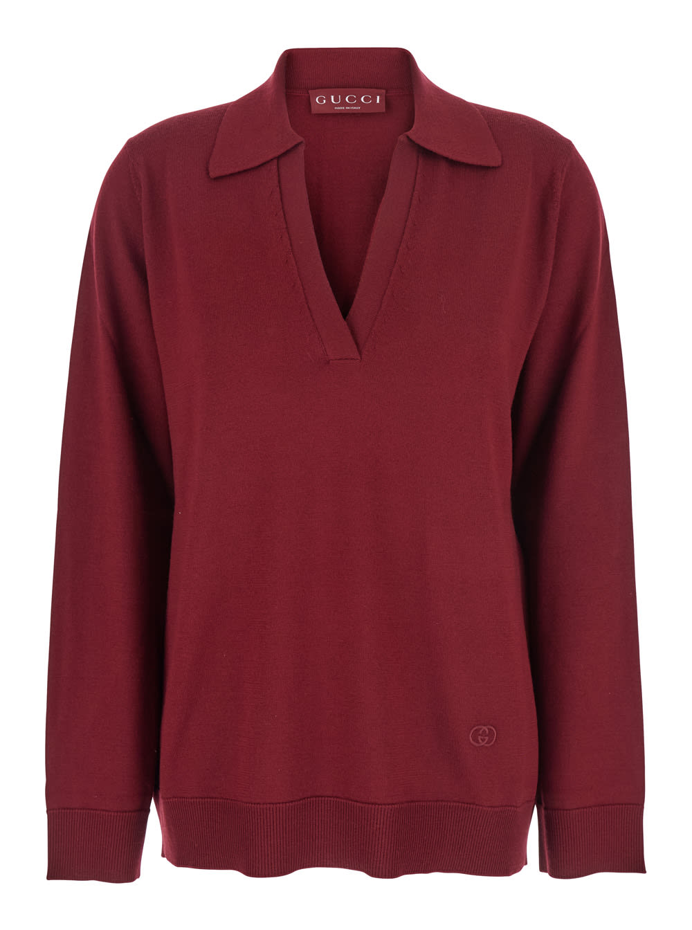 Gucci Bordeaux Polo Collar Sweater With Gg Logo On The Front In Wool Woman In Burgundy