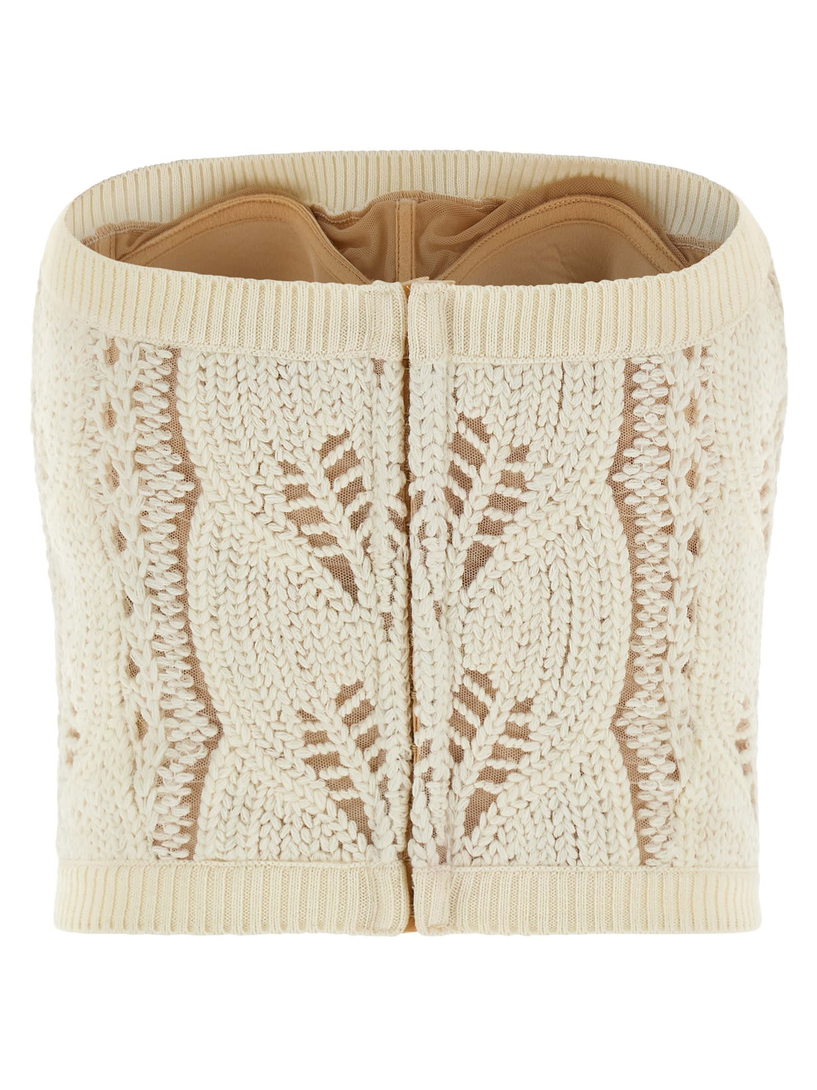 Ermanno Scervino Strapless Cropped Knit Top With Sheer Accents In Brown