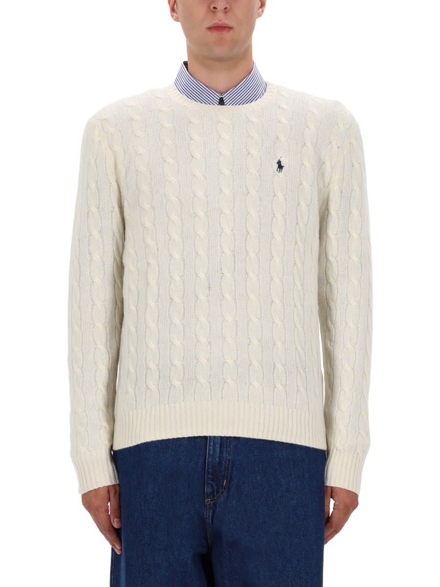 Polo Ralph Lauren Classic Cable-knit Sweater With Ribbed Hem And Embroidered Logo In White