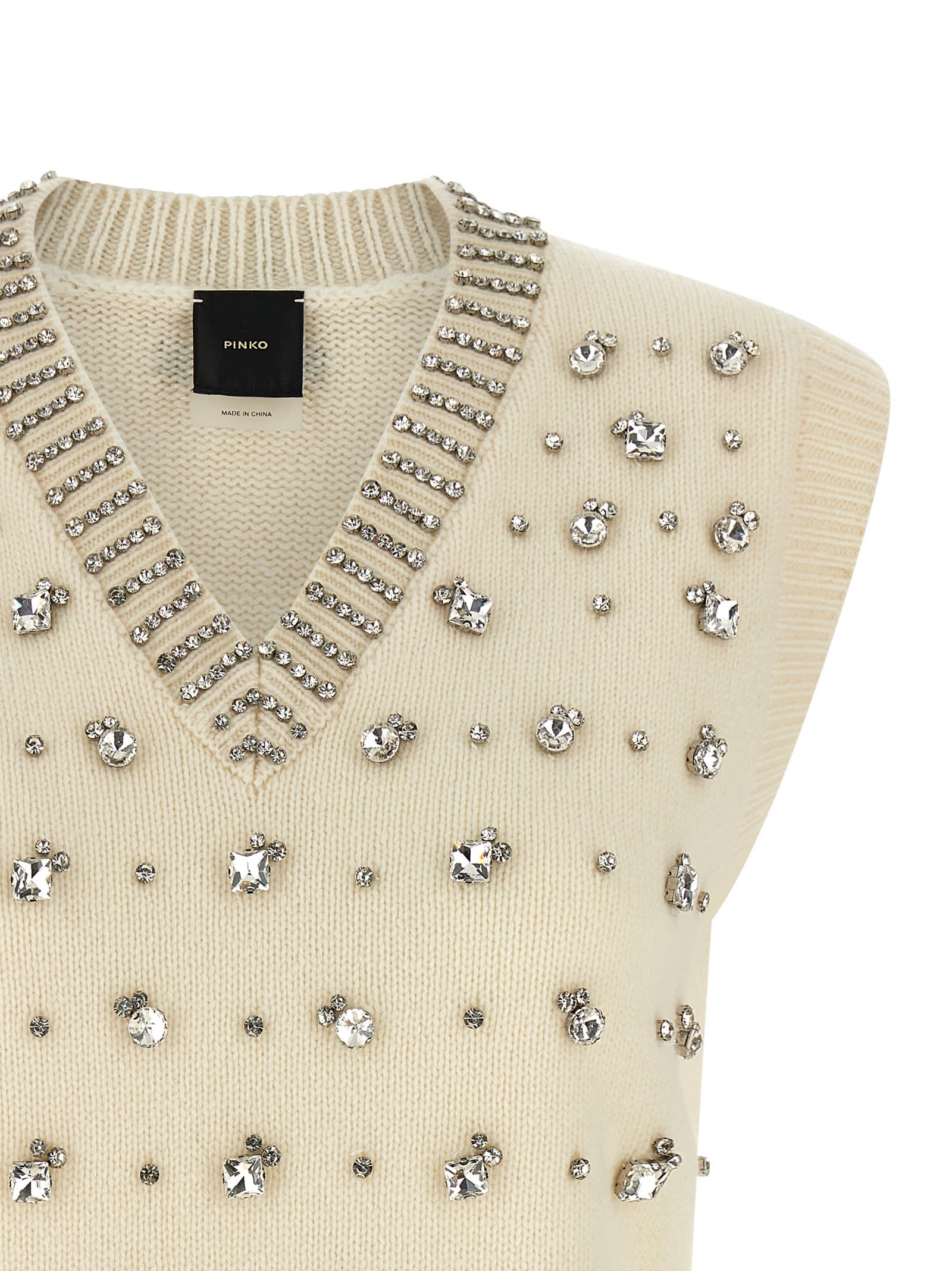 Pinko White Rhinestone Knitted Vest In Neutral