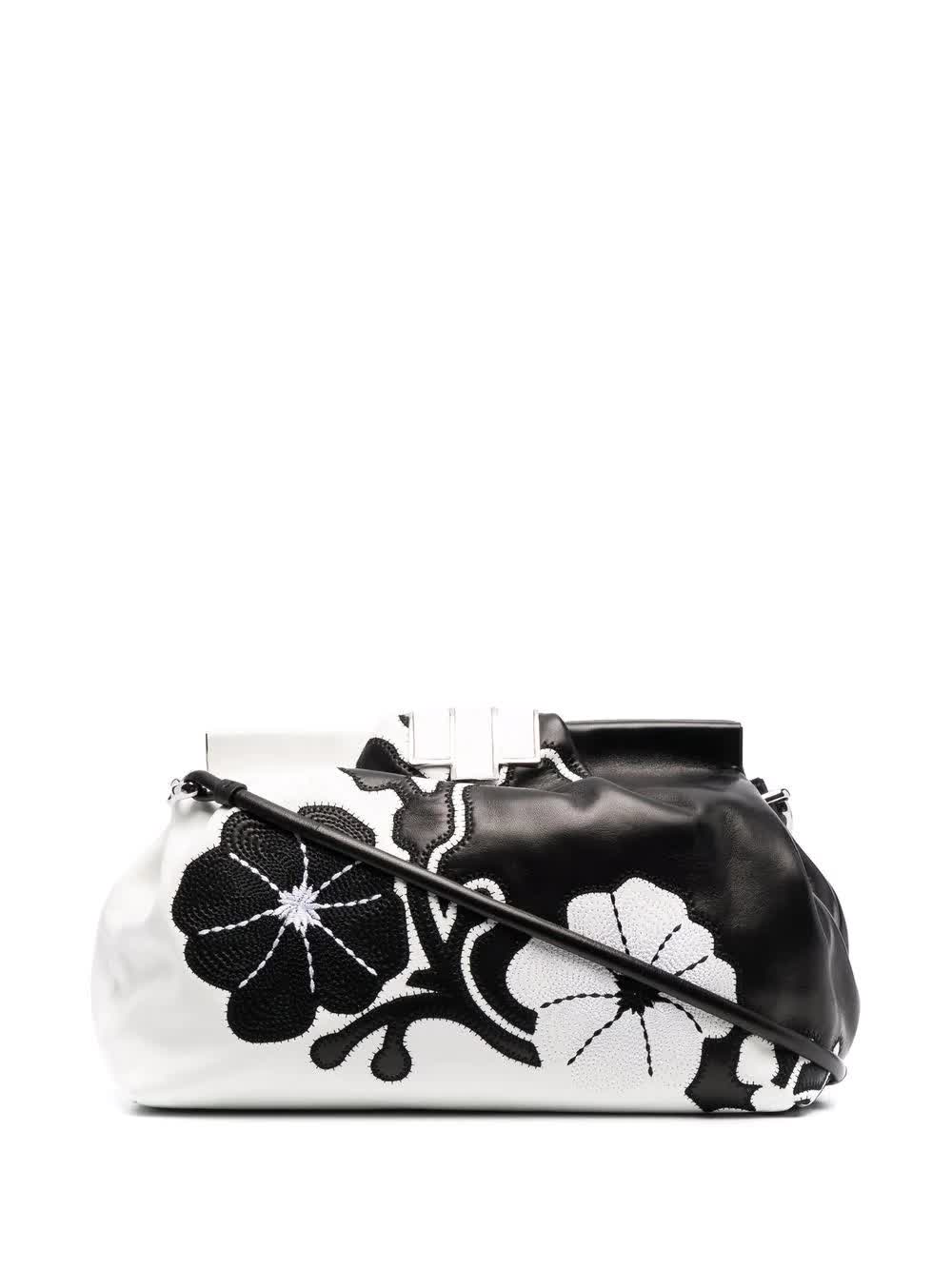 Ermanno Scervino Black And Ivory Medium Clutch With Embroidered Floral Inlays