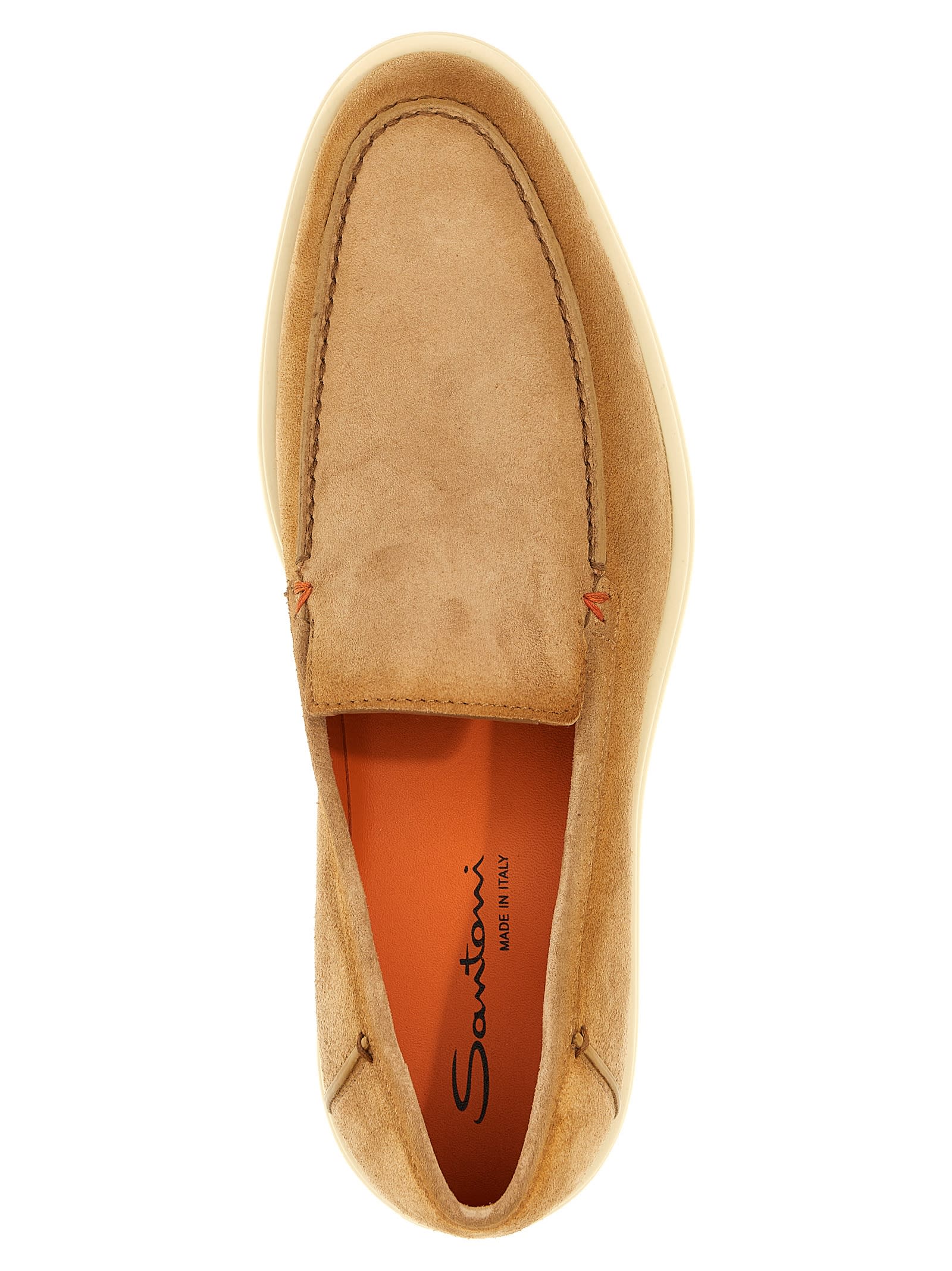 Santoni Brown Suede Loafers With Rubber Sole In Beige