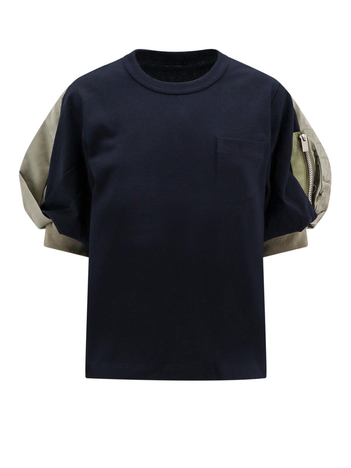 Shop Sacai Crewneck Puff-sleeved T-shirt In Navy Light Khaki