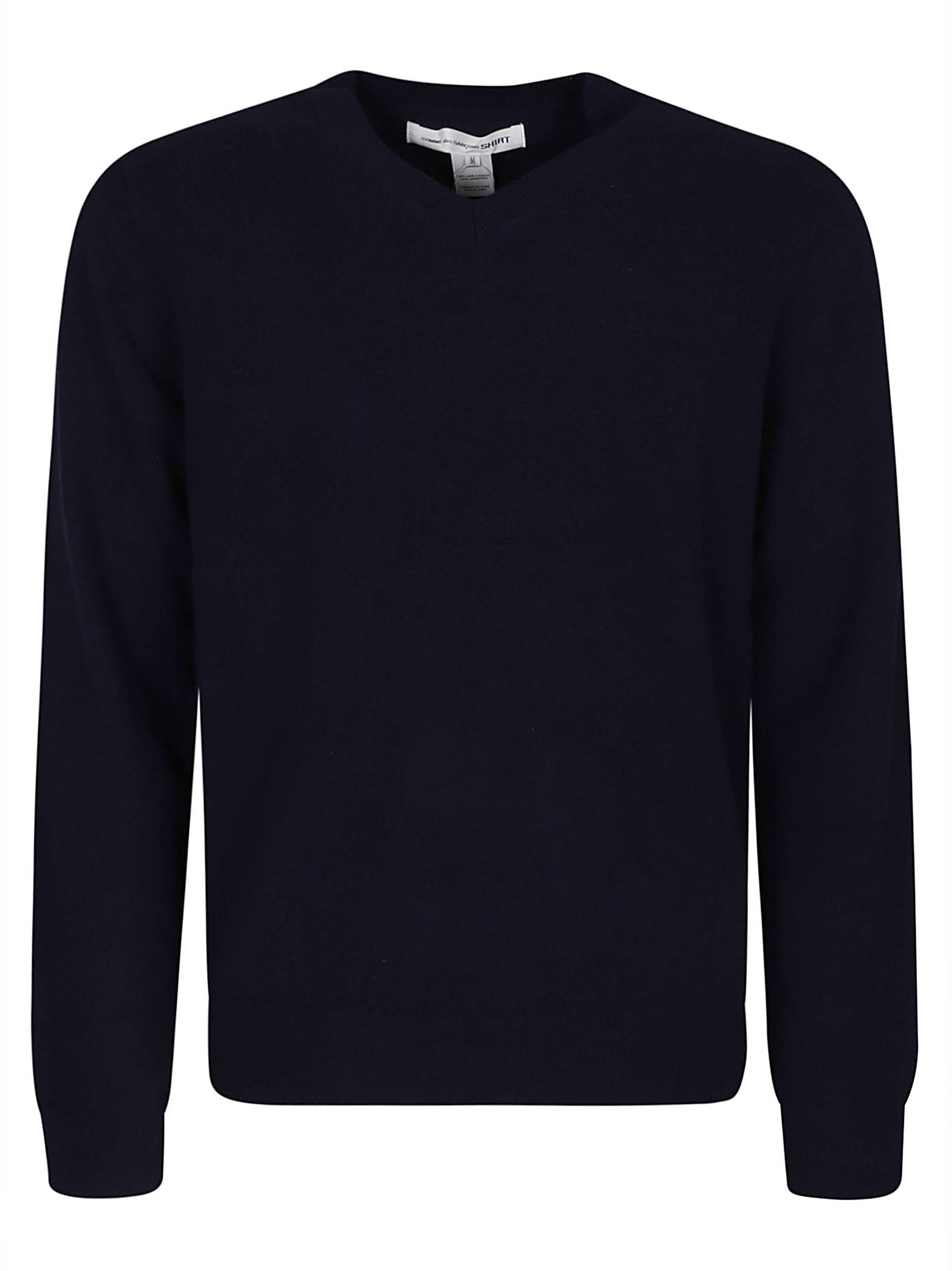 Comme Des Garçons Shirt V-neck Plain Ribbed Sweater In Blue Navy
