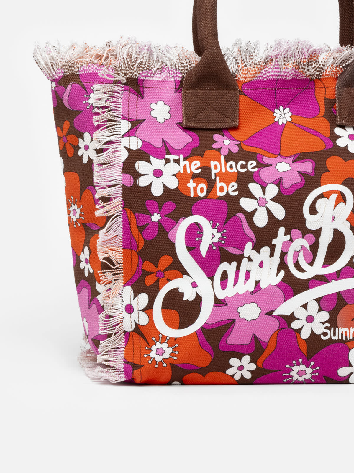 Mc2 Saint Barth Cotton Canvas Tote Bag With Retro Flower Print In Brown