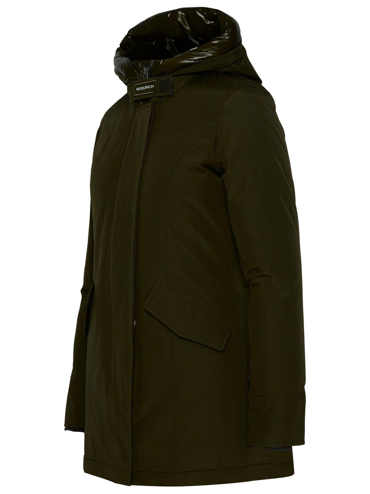 Woolrich Button-up Hooded Long Coat In Darkgreen