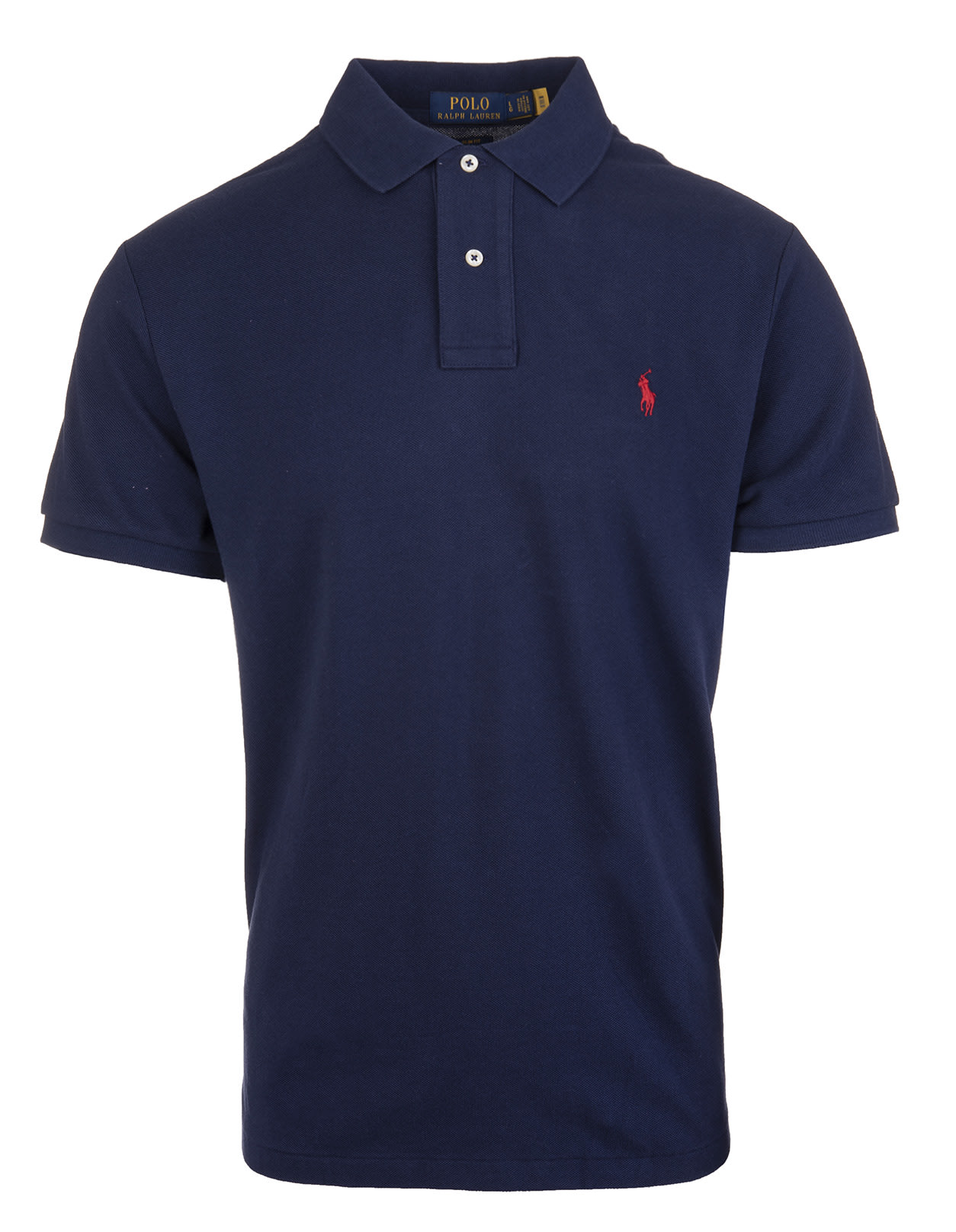 Ralph Lauren Man Navy Blue And Red Slim-fit Pique Polo Shirt