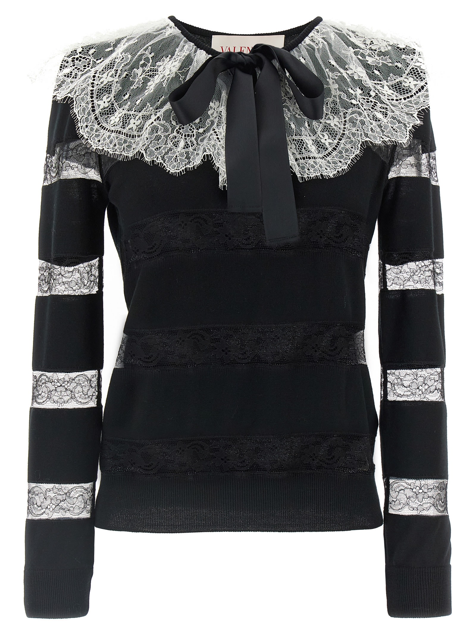 Valentino Bow-embellished Striped Lace-trimmed Wool Sweater In White/black
