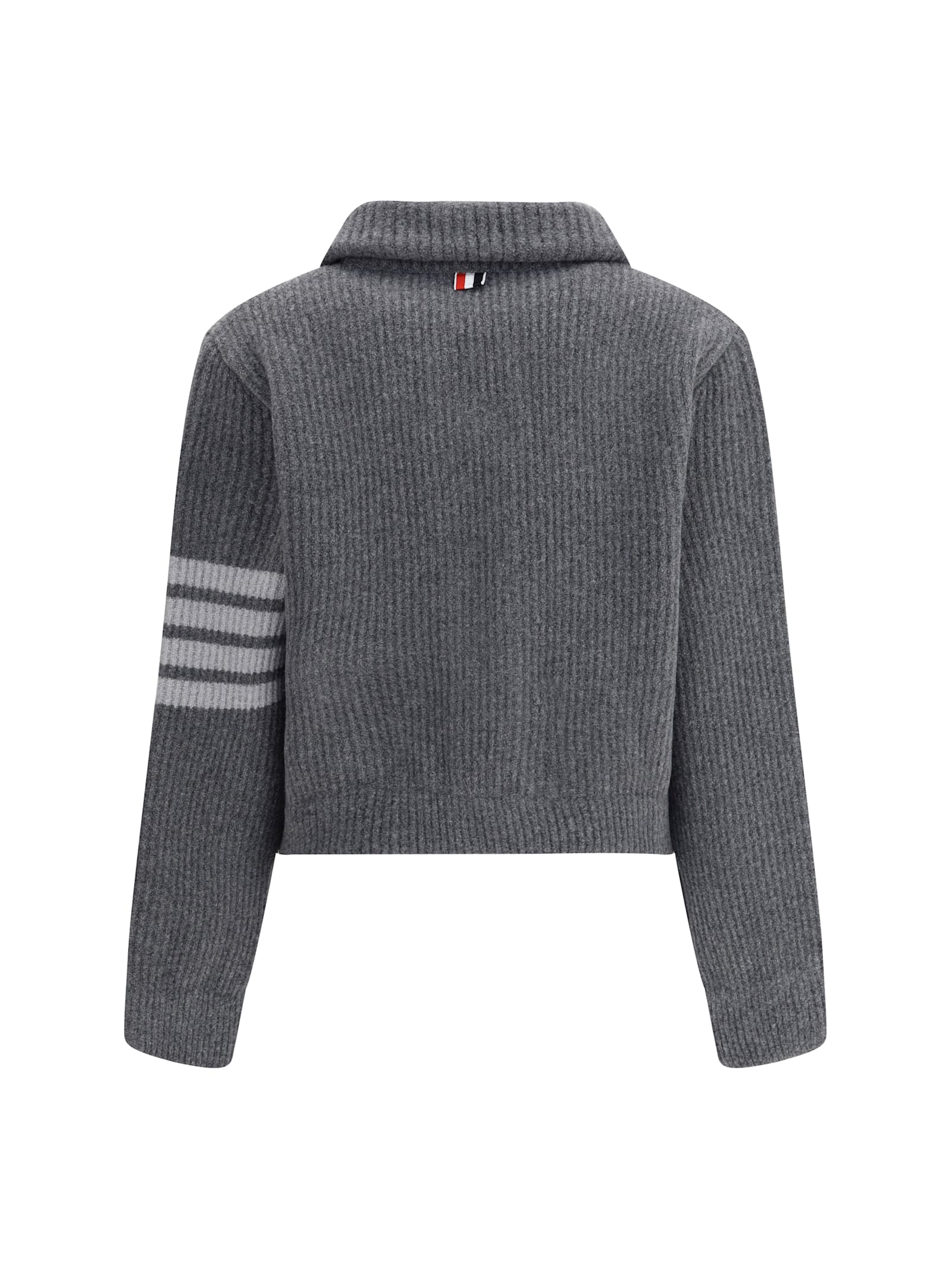 Thom Browne Ribbed Knit Wool Jacket With Striped Detail In Gray