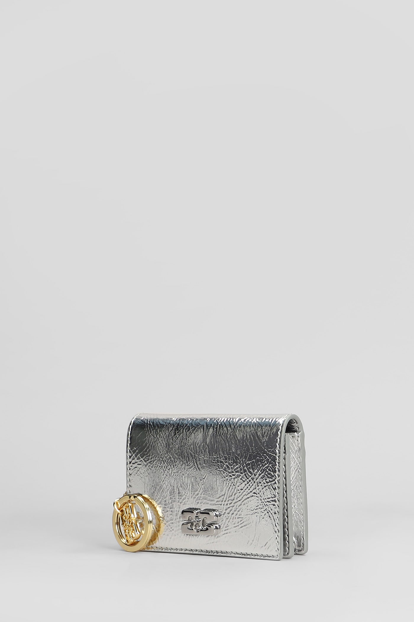 Ganni Bou Flap Wallet In Silver Leather In Silver