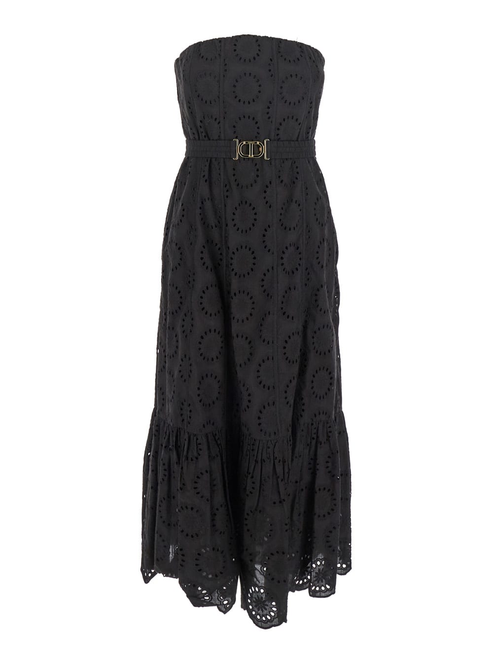 Twinset Black Dress With Removable Straps And Broderie Anglaise In Cotton Woman