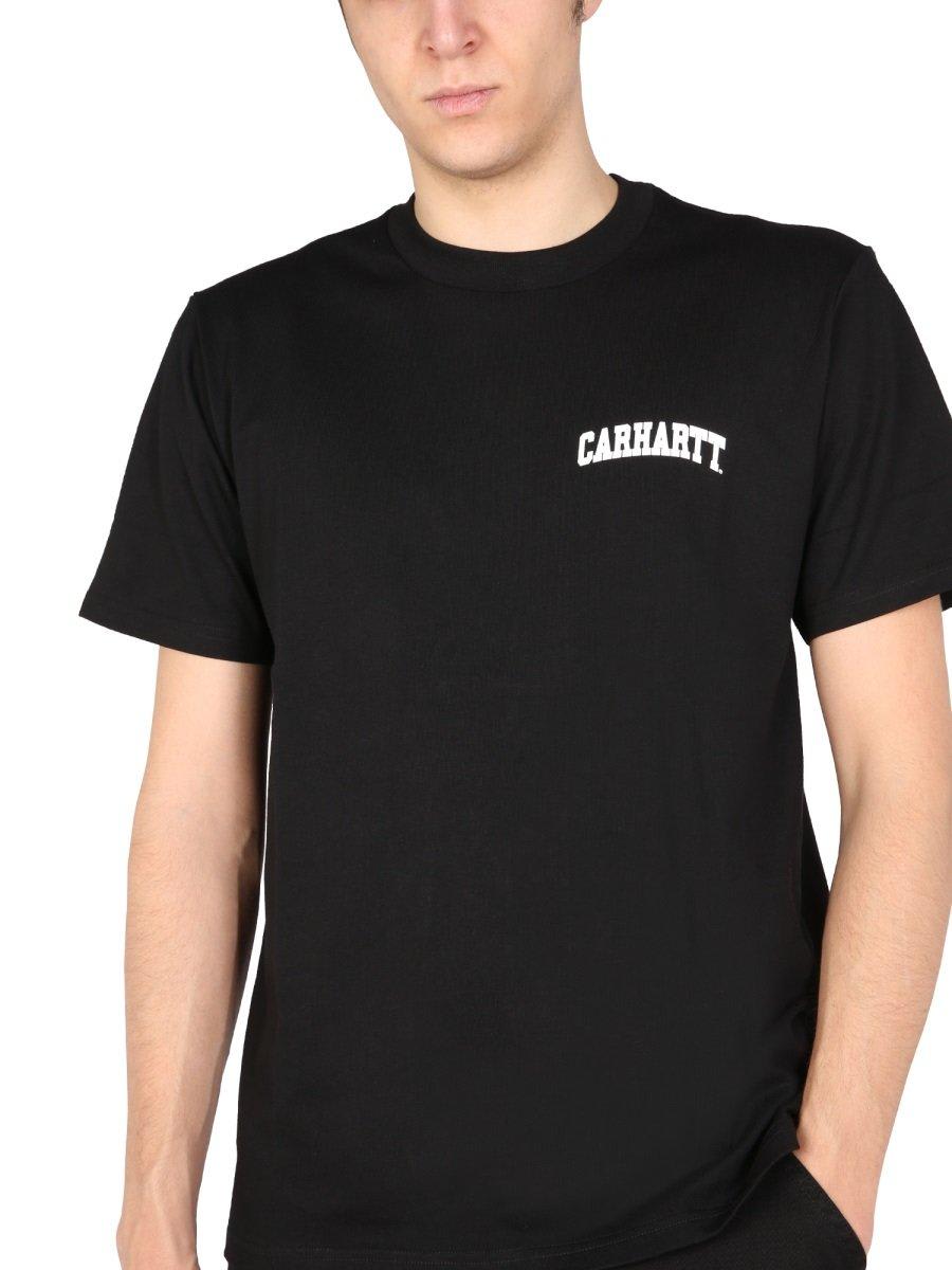 Shop Carhartt Logo Print Crewneck T-shirt In Nero/bianco