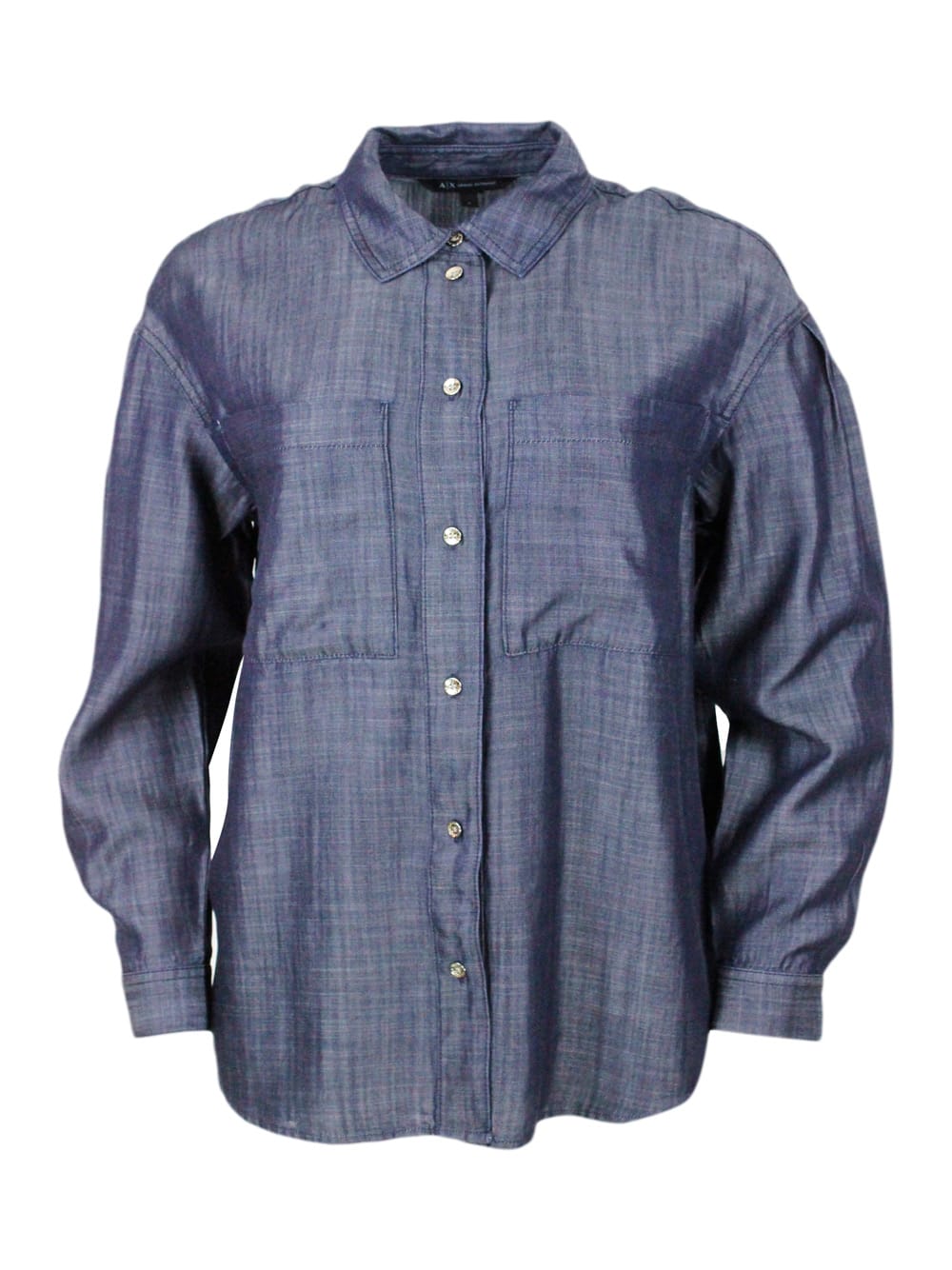 Shop Armani Collezioni Lightweight Long-sleeved Denim Shirt With Chest Pockets And Button Closure In Denim Dark