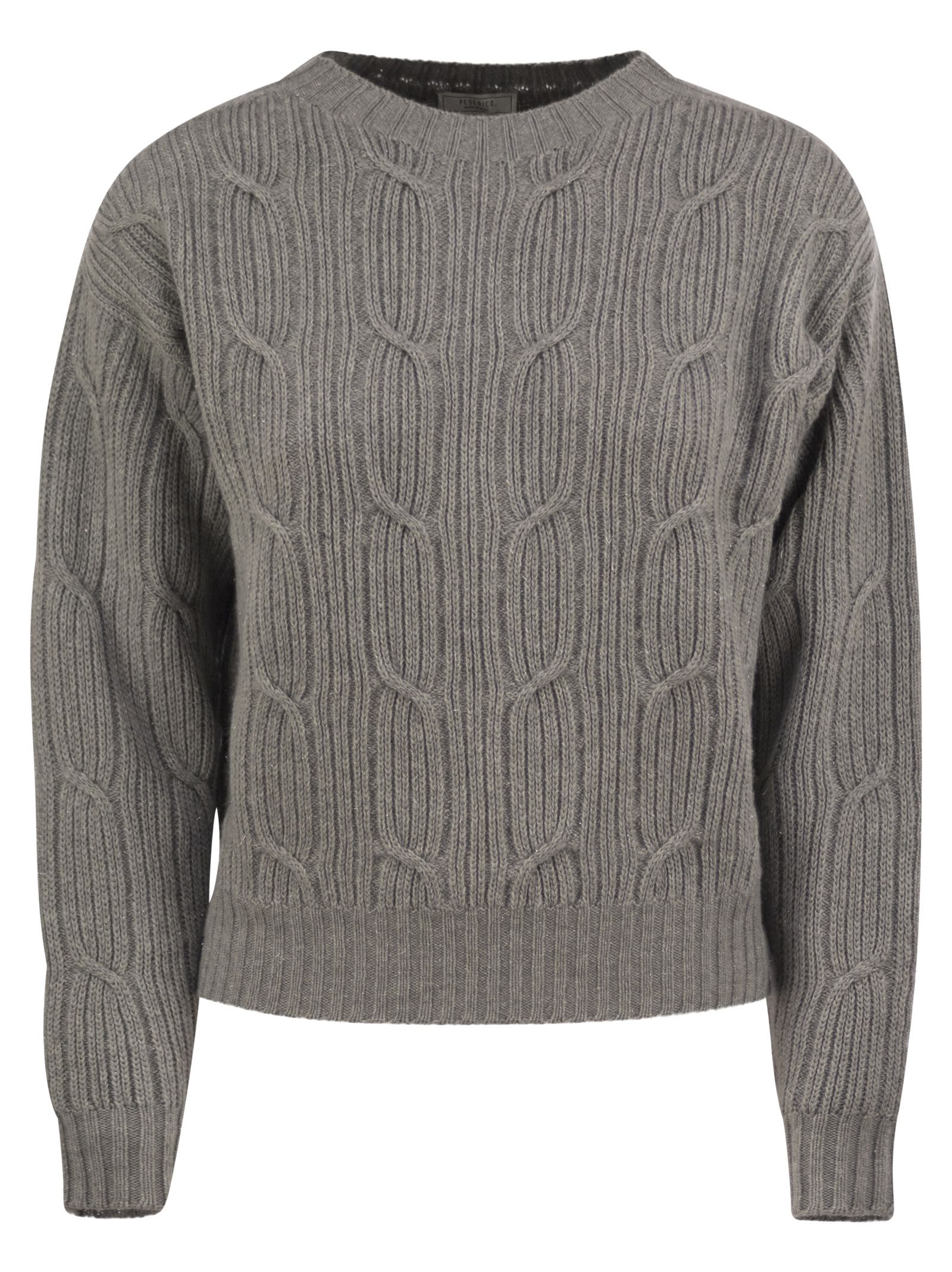 Ribbed Crewneck Sweater With Cable Knits