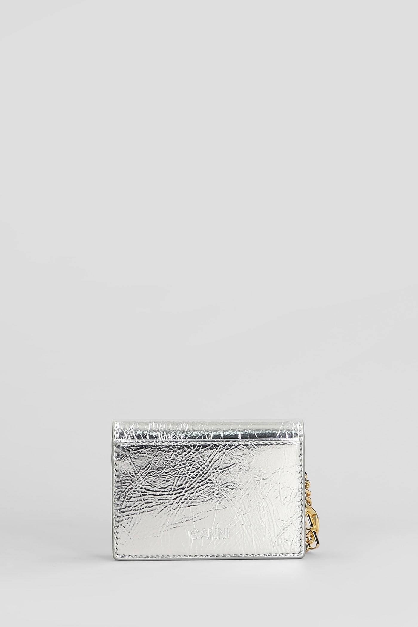 Ganni Bou Flap Wallet In Silver Leather In Silver