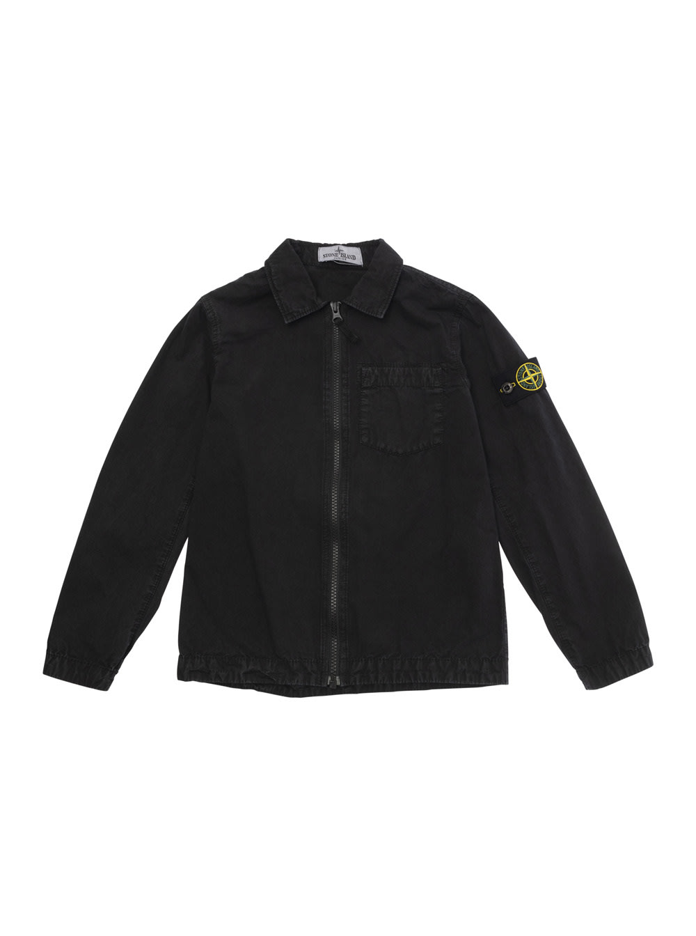 Stone Island Black Zip-up Shirt With Logo Patch In Cotton Boy In Black