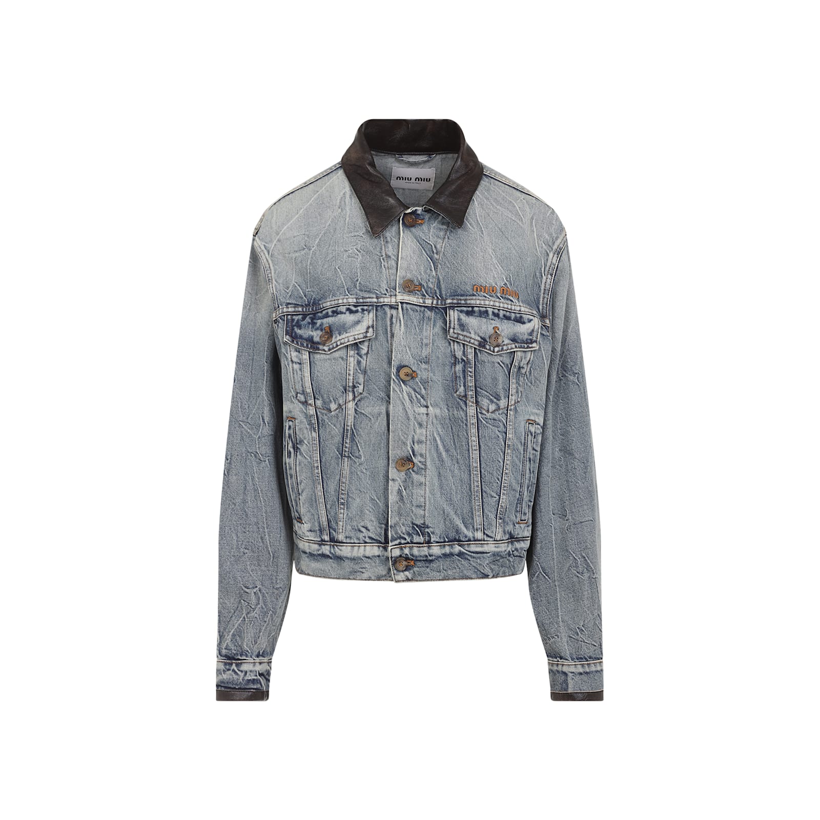 Miu Miu Denim Jacket With Lamb Leather Collar In Blue