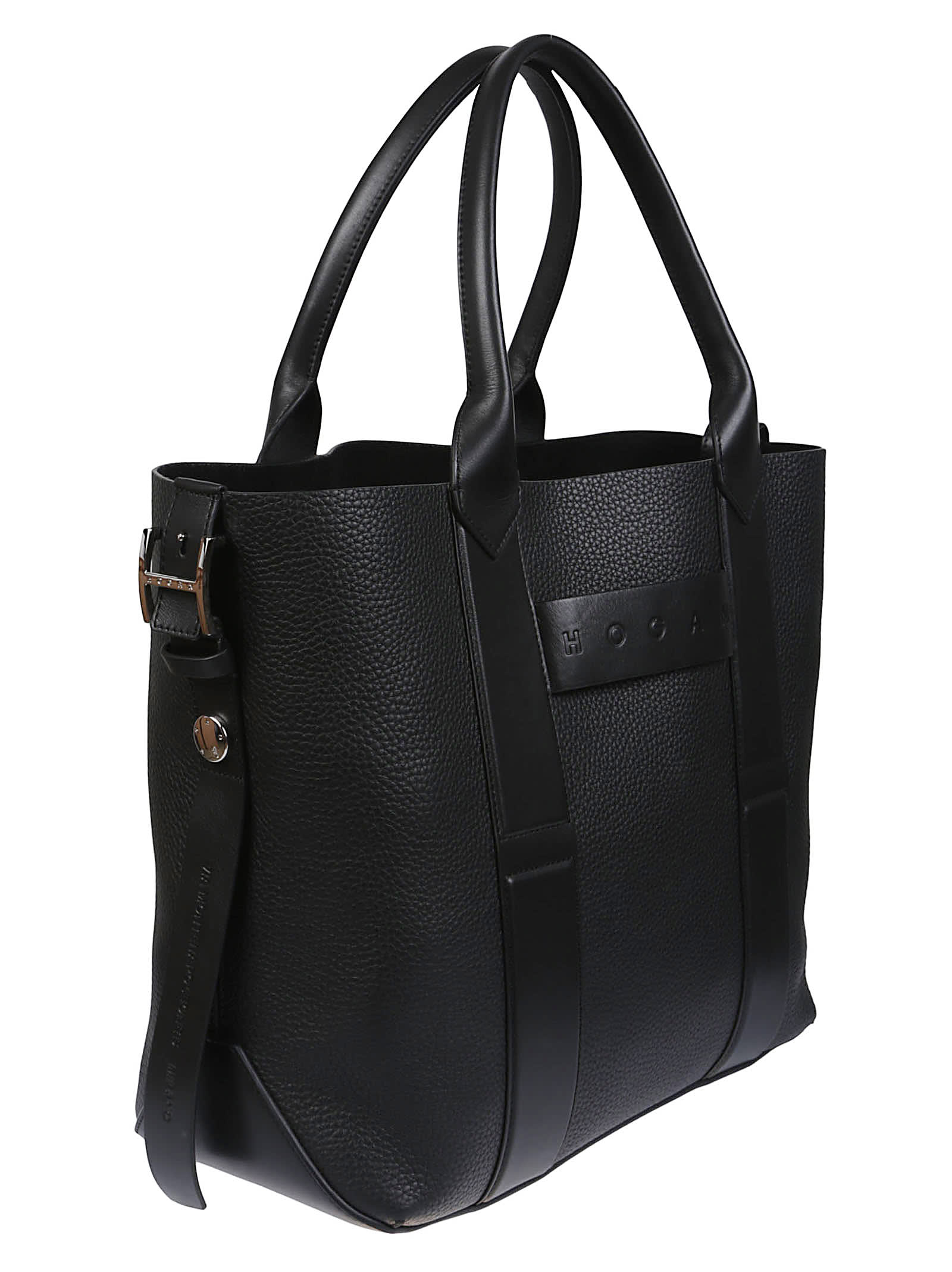 Hogan Medium Script Shopping Bag With Textured Leather Finish In Black