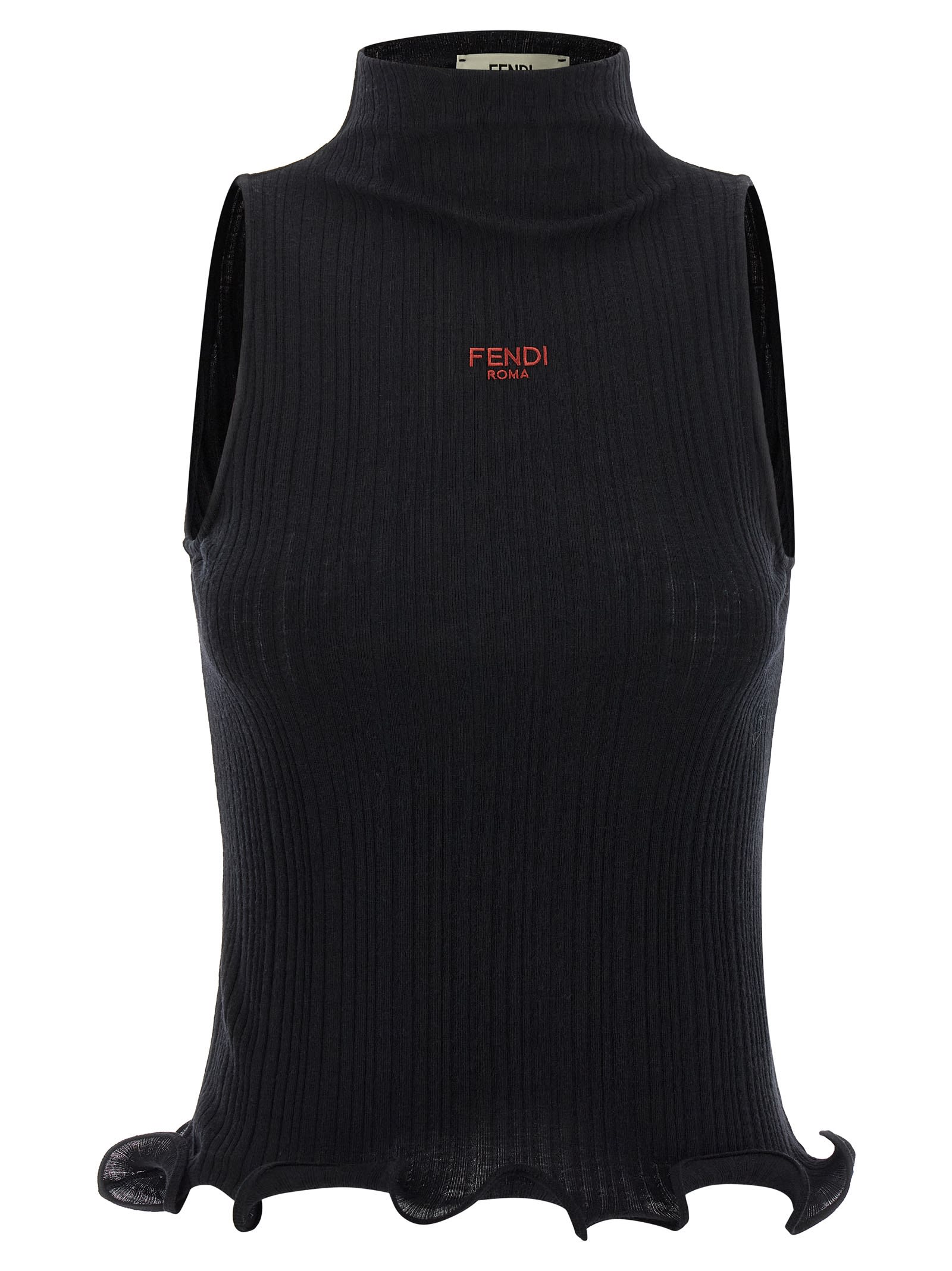 Fendi High Neck Fitted Sleeveless Top With Ruffles Clothing In Black