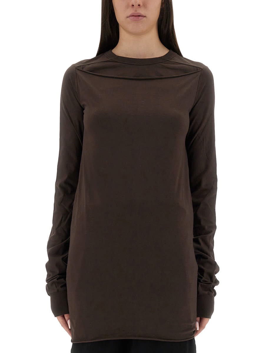 Rick Owens Crew Neck Long Sleeve Soft Fabric Top In Brown