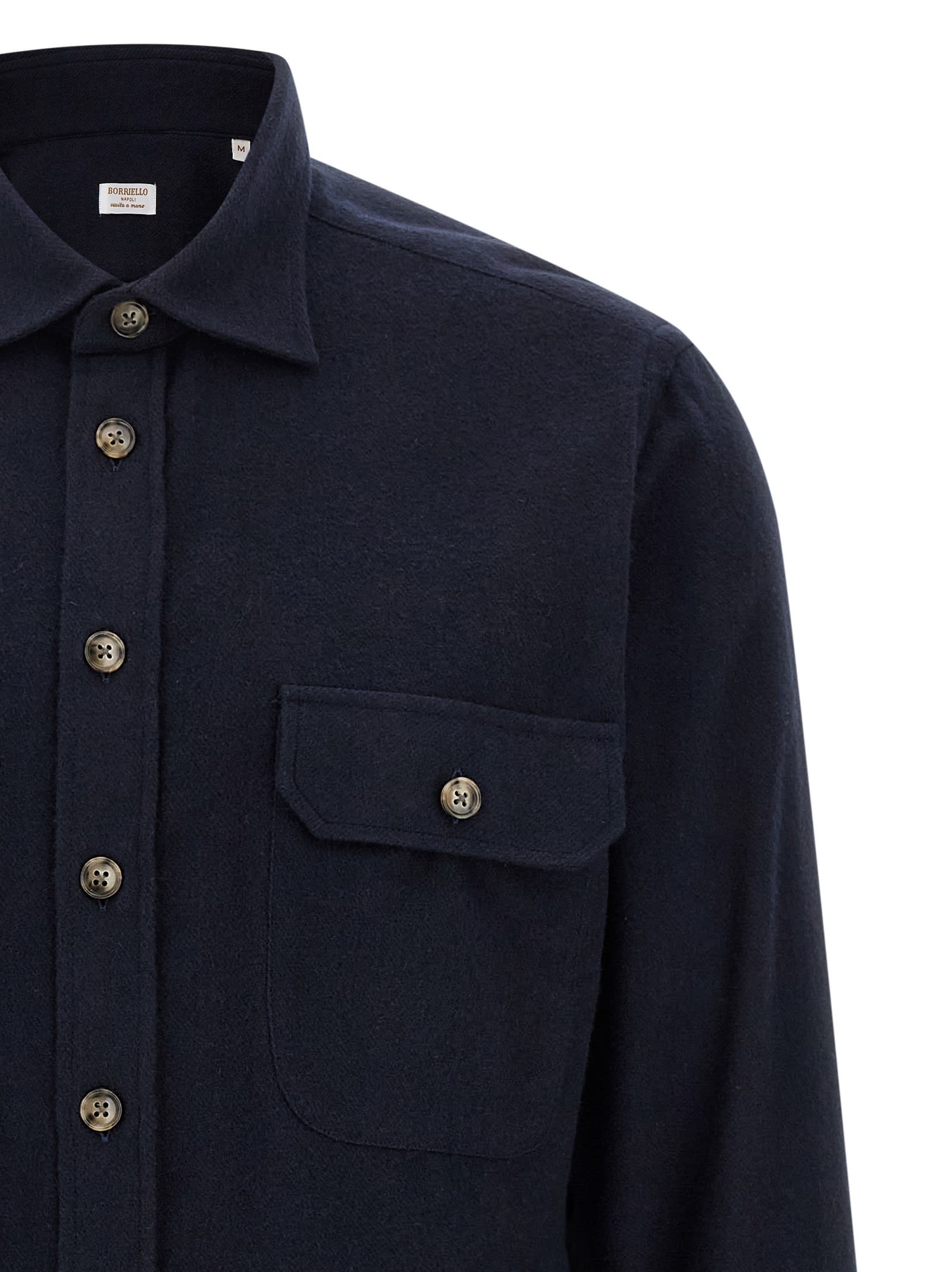 Borriello Napoli Structured Cotton Flannel Shirt With Buttoned Pockets In Blue