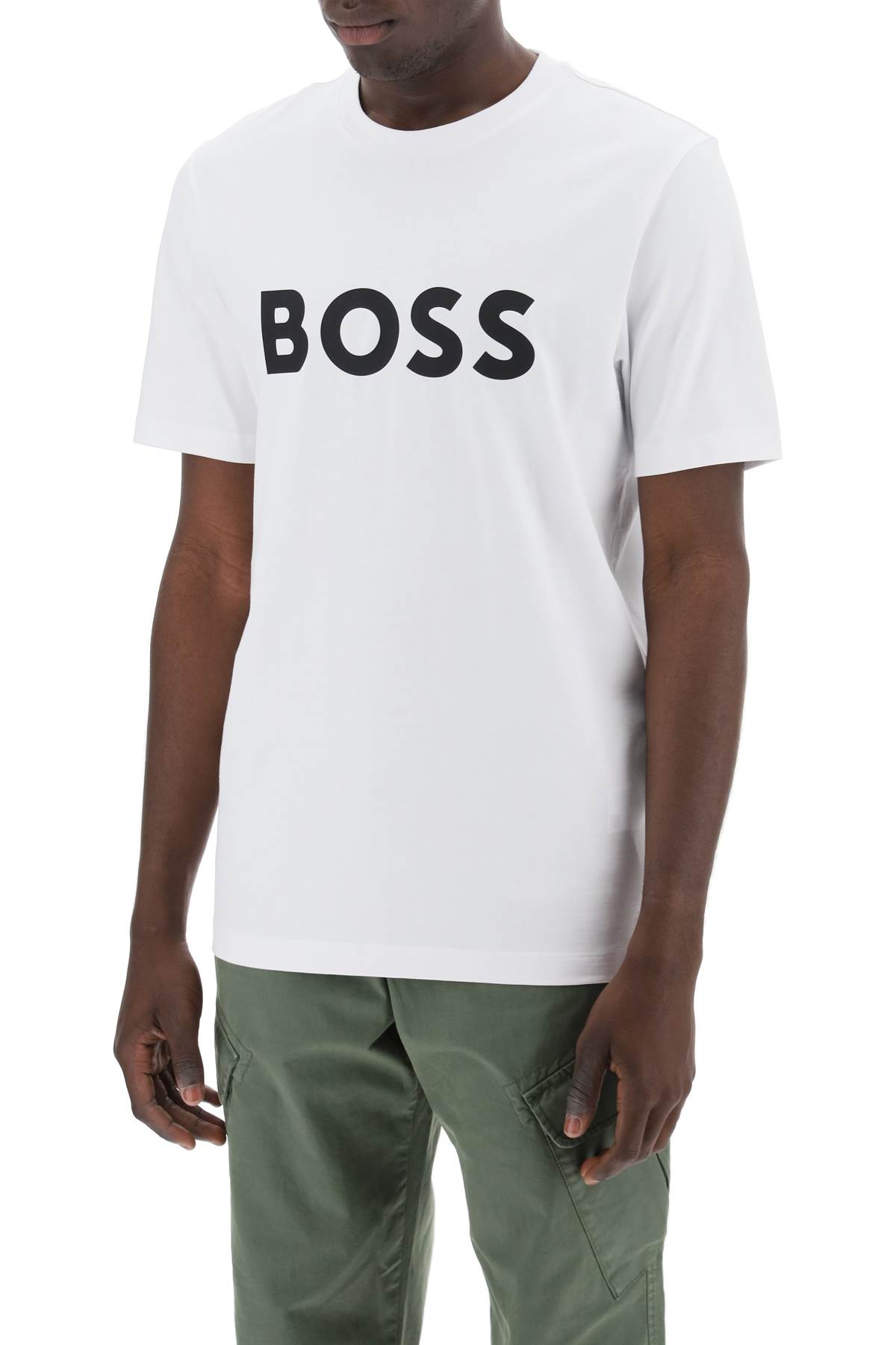 Hugo Boss Cotton-jersey T-shirt With Curved-logo Print In White