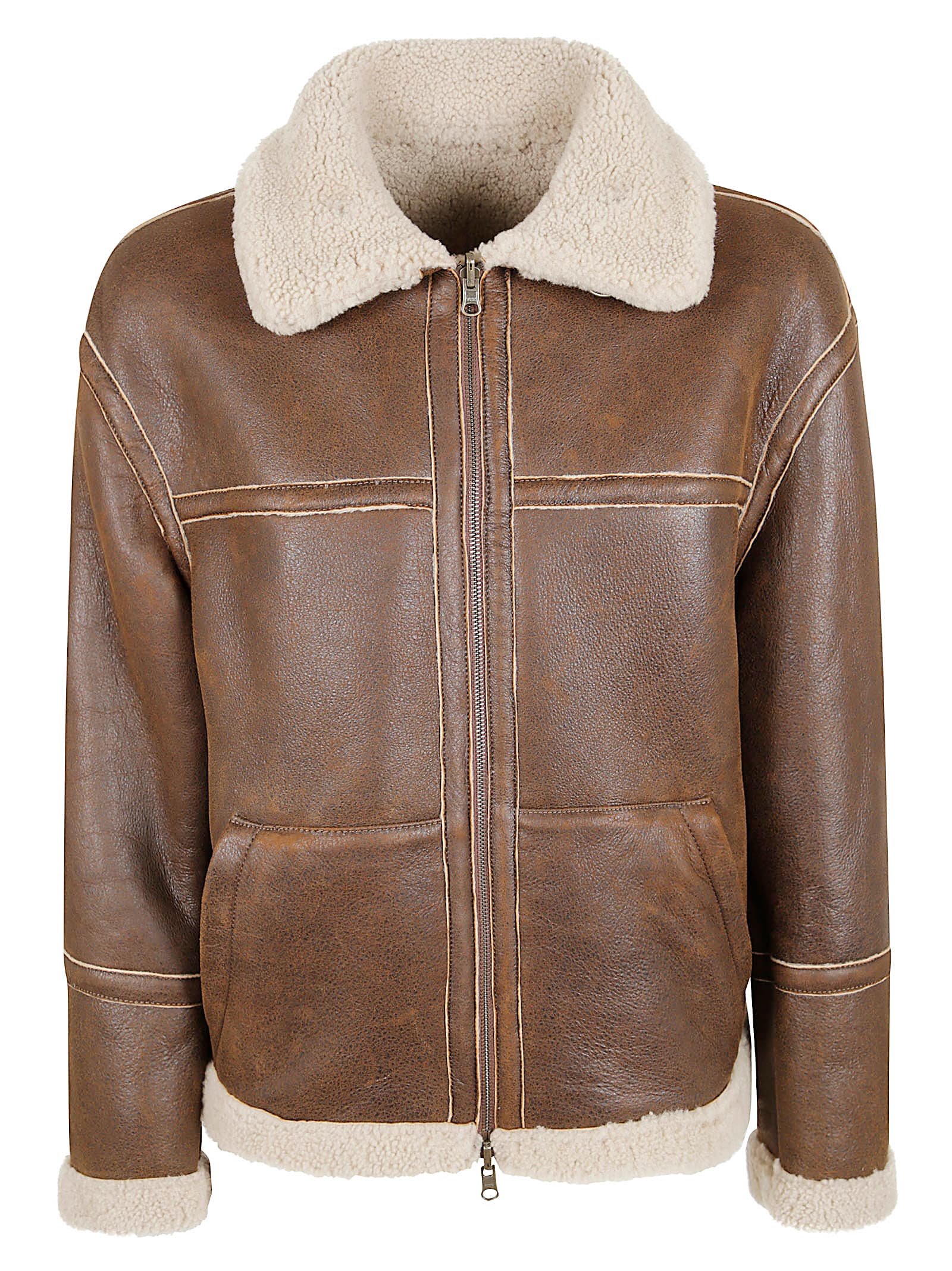 Salvatore Santoro Sheepskin Leather Jacket With Contrasting Shearling Interior And High Collar In Brown