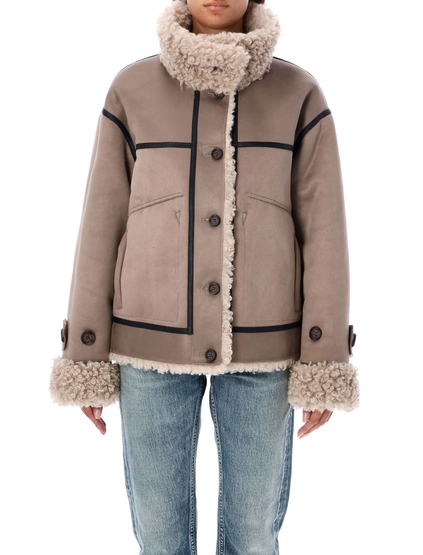 Shop Urbancode Short Reversible Shearling Peacot In Taupe