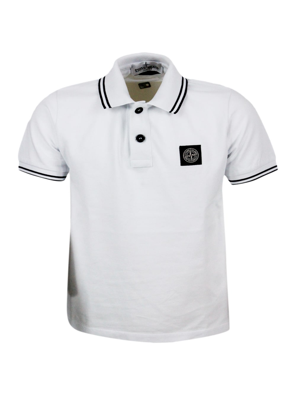 Stone Island Kids' Short-sleeved Pique Cotton Polo Shirt With Contrasting Color Profiles On The Collar And Sleeve. Logo In White