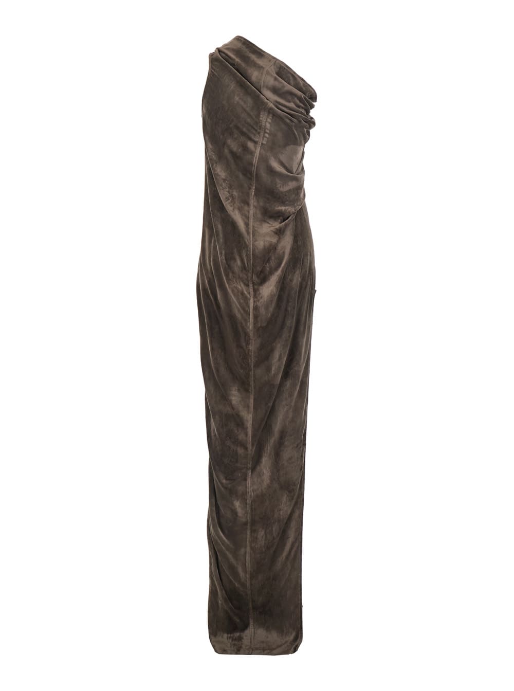 Rick Owens Athena Arrowhead Brown Asymmetric Long Dress With Ruched Neckline And Side Single Slit In Viscose Bl In Multi
