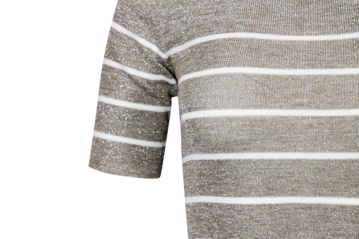 Shop Brunello Cucinelli Crew-neck And Short-sleeved Linen Blend Sweater With Striped Pattern In Beige