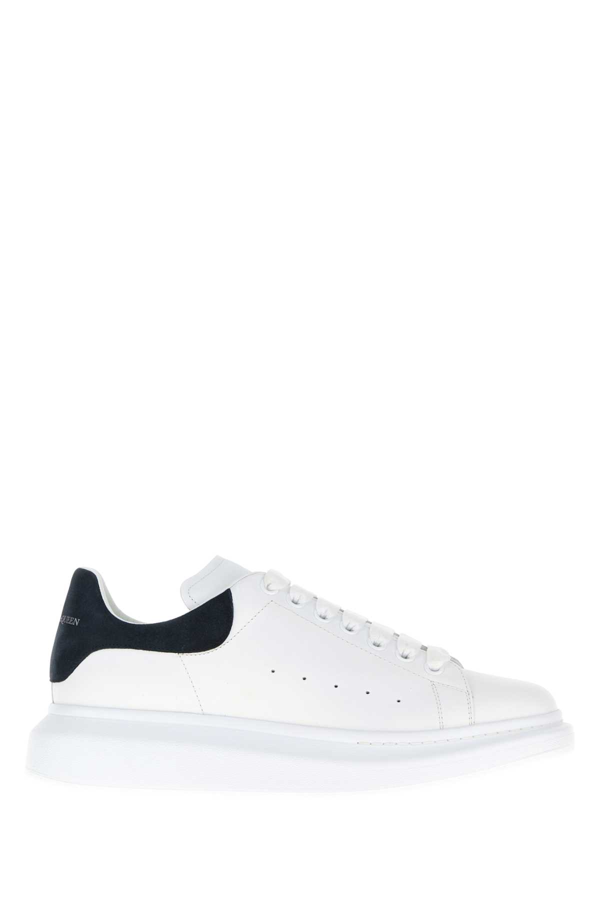 Alexander Mcqueen White Leather Sneakers With Dark Blue Suede Heel In White