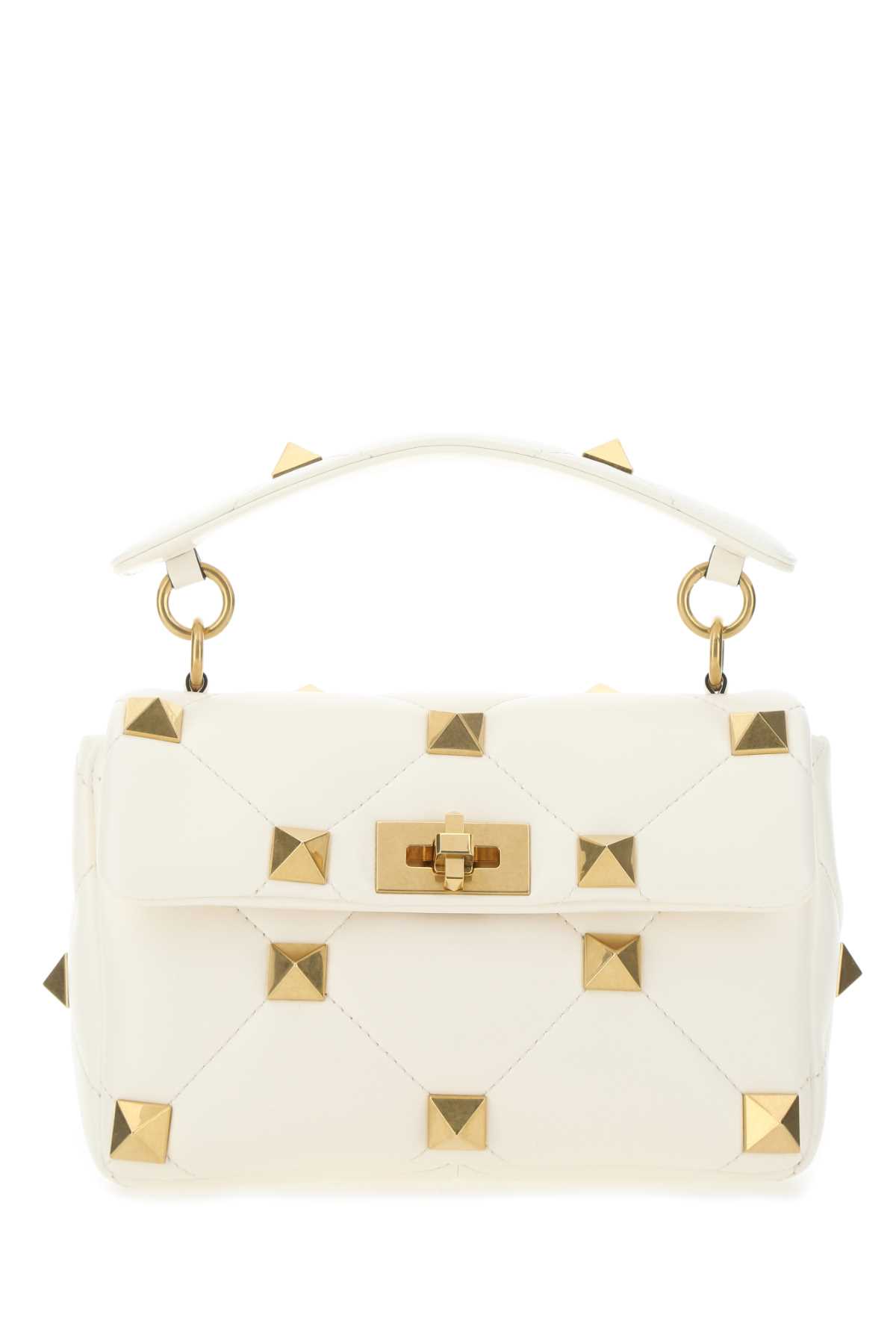 Shop Valentino Ivory Nappa Leather Medium Roman Stud Handbag In 098