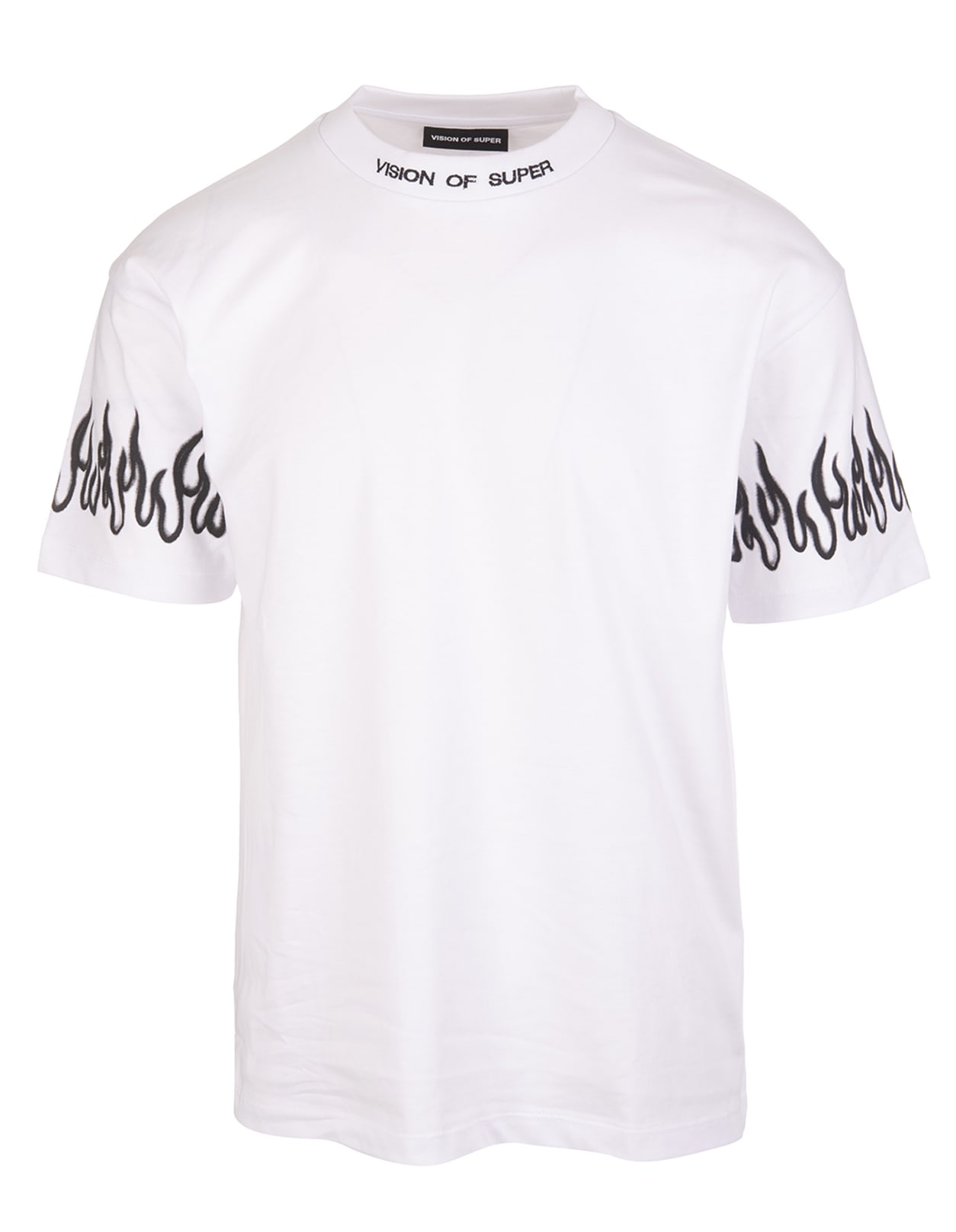 Vision of Super White Unisex T-shirt With Logo And Black Spray Flames Print