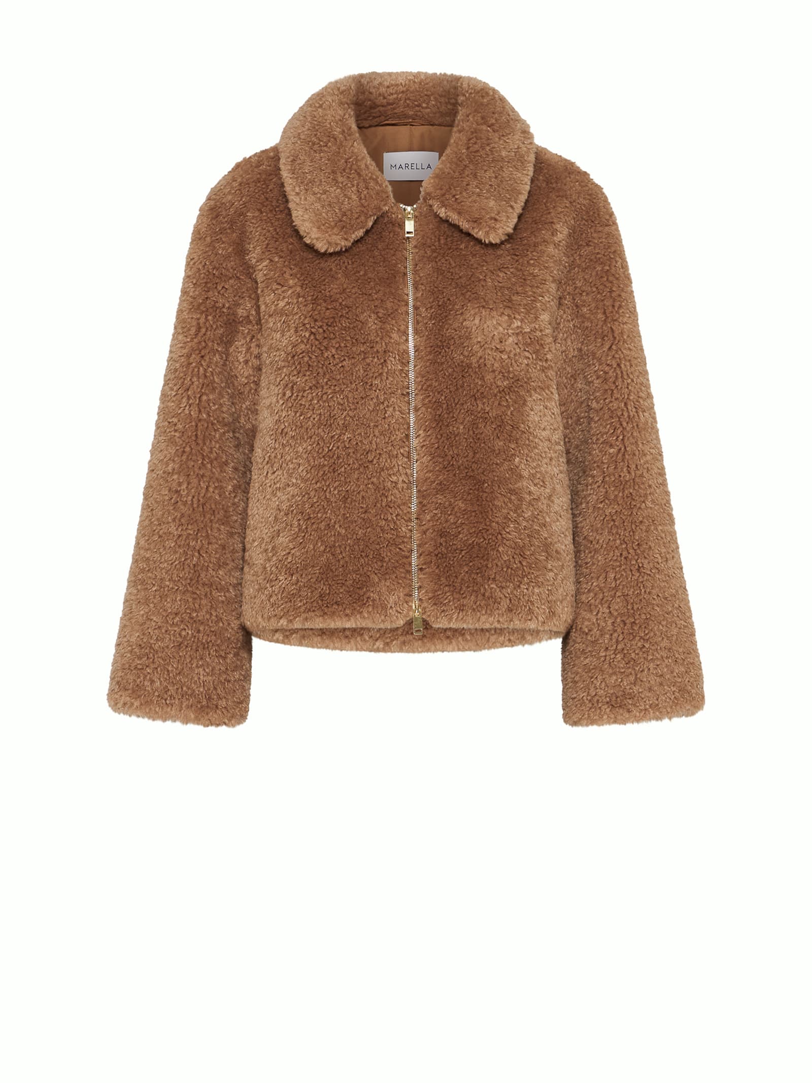 Marella Brown Teddy Jacket With Zip In Cammello