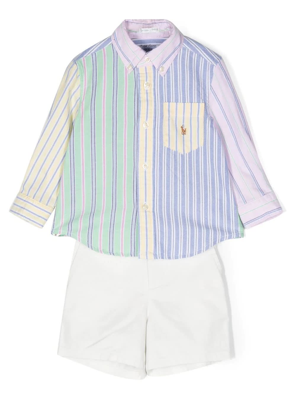 RALPH LAUREN SET WITH WHITE SHORTS AND MULTICOLOURED STRIPED SHIRT