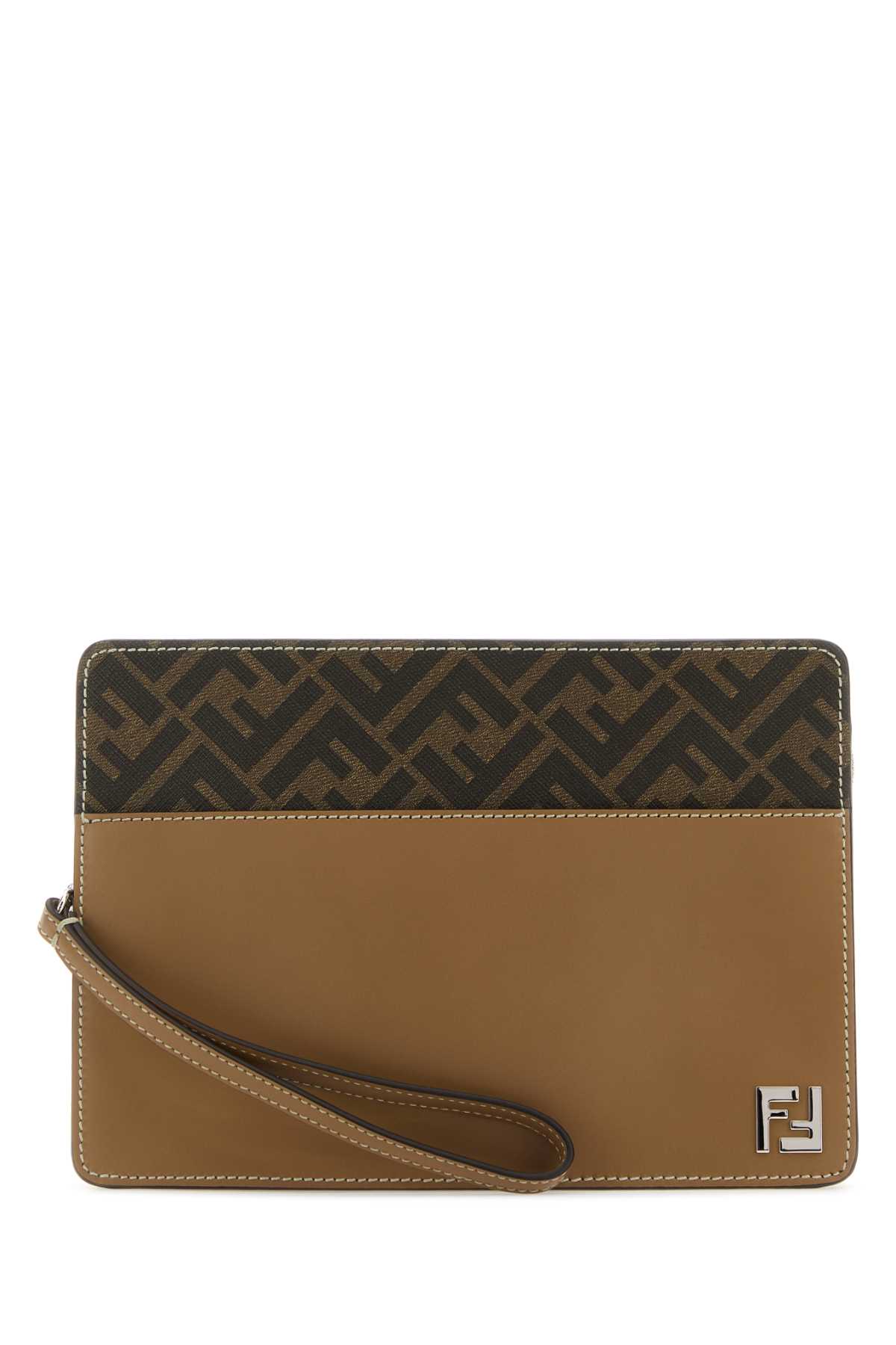 Shop Fendi Embroidered Canvas And Leather Standing Clutch In Tabacco
