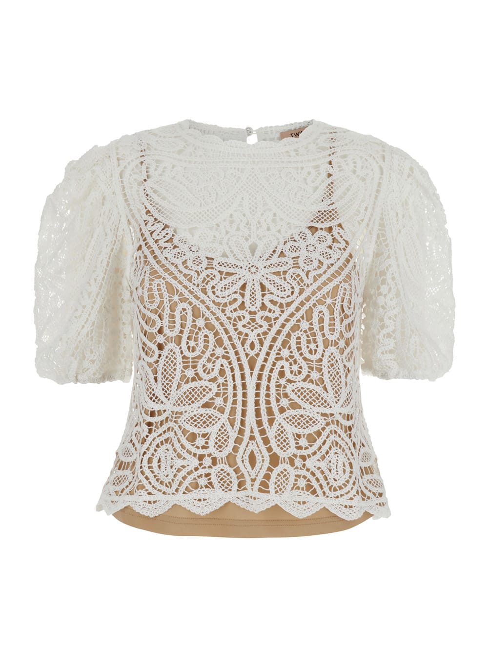 Shop Twinset White Balloon-sleeves Crochet Jumper In White Polyester In Bianco