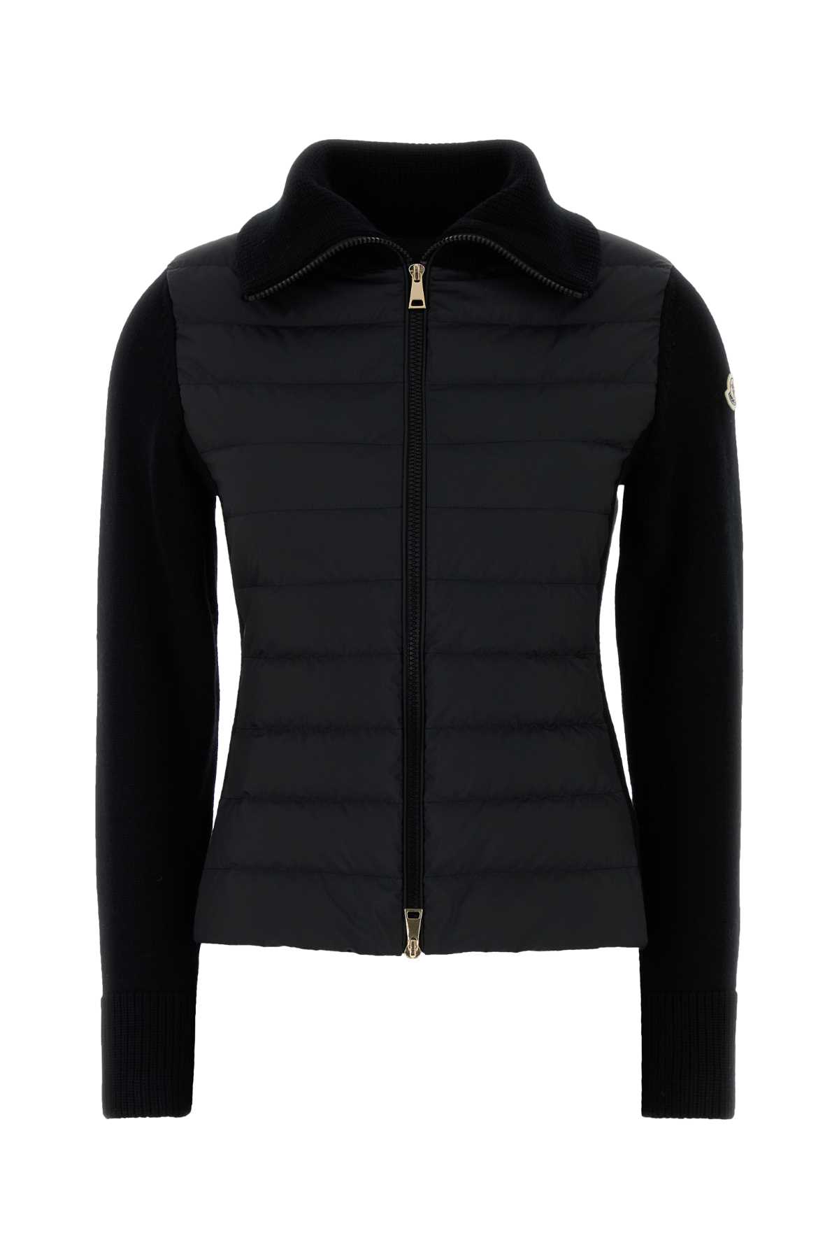 Moncler Two-material Cardigan With Goose Down Padding And High Neck In Black