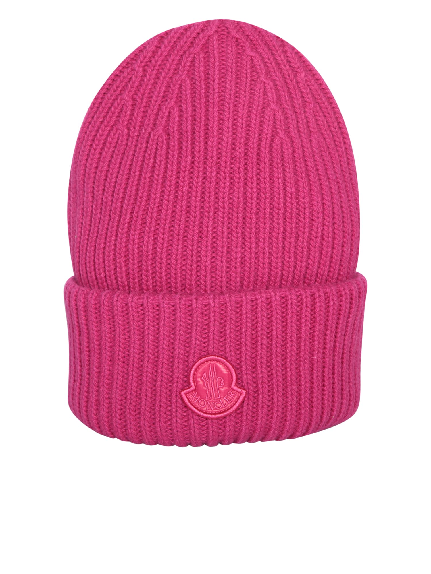 Moncler Wool Knit Beanie With Logo Patch In Pink